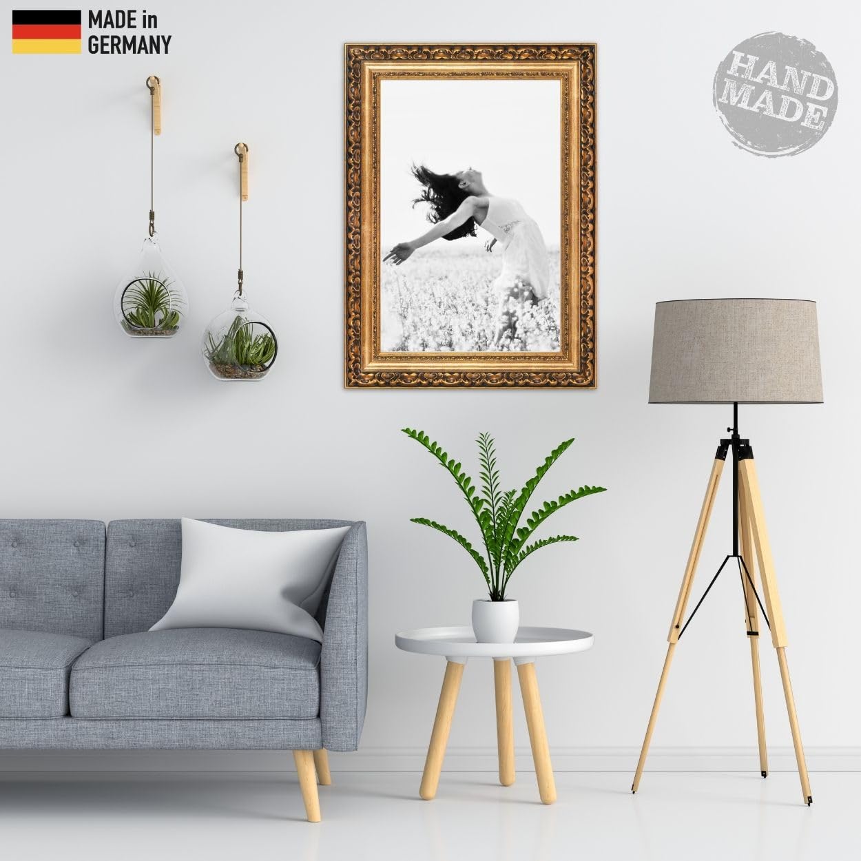 N°52 Barock Bilderrahmen 50x65 cm Bildmaß, Gold, Massivholz | Echtholz-Profilleiste 80 mm, Acrylglas glasklar & bruchsicher, Vintage-Stil, HDF-Rückwand, Metallaufhänger, handgefertigt