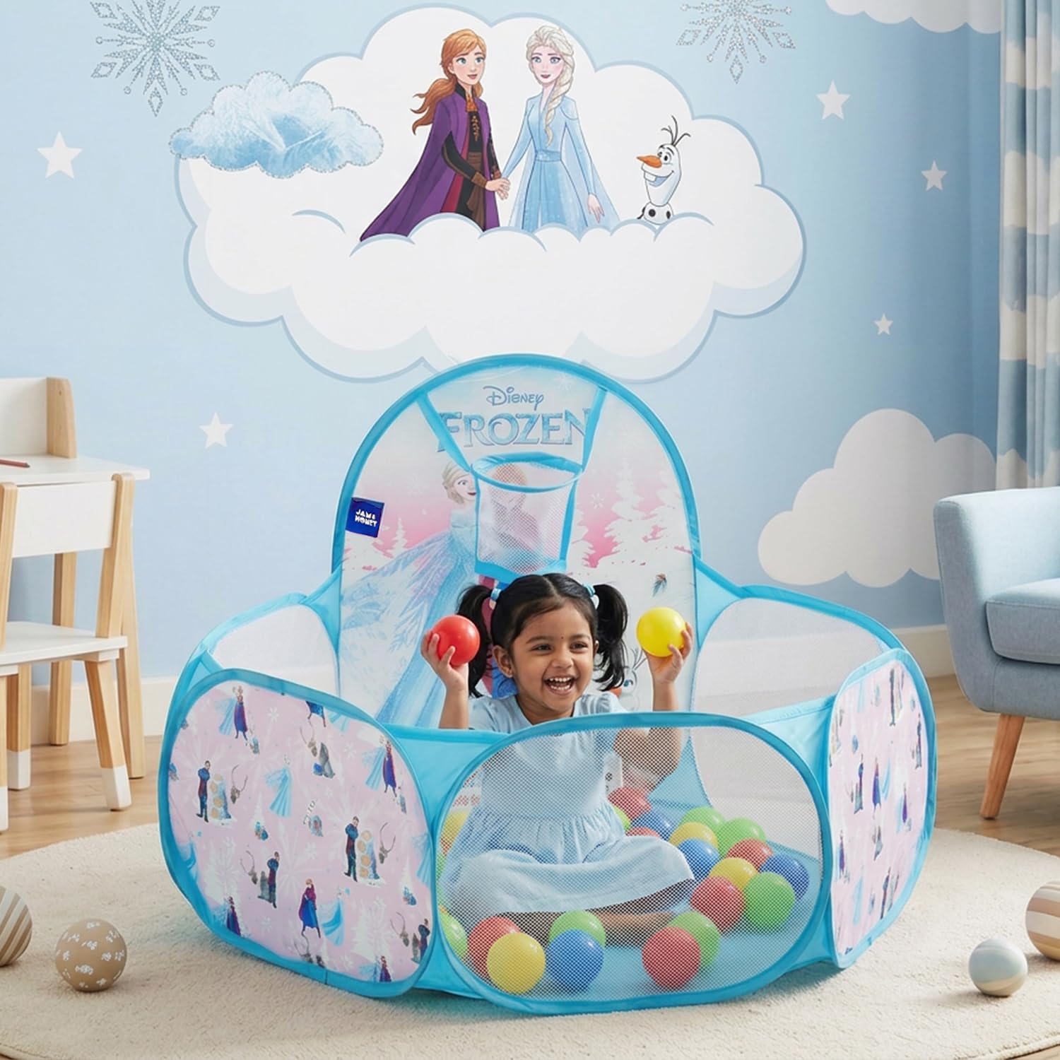 Amazon Brand – Jam & Honey Disney Frozen Pop-Up Ball Pool Tent with 25 Balls & Basketball Hoop | For 2+ Years Above| Pop-up Design | Non-BPA Balls | Built-in Hoop | Quality Approved | Indoor and Outdoor Play Tent | Safe for Toddlers-image-34