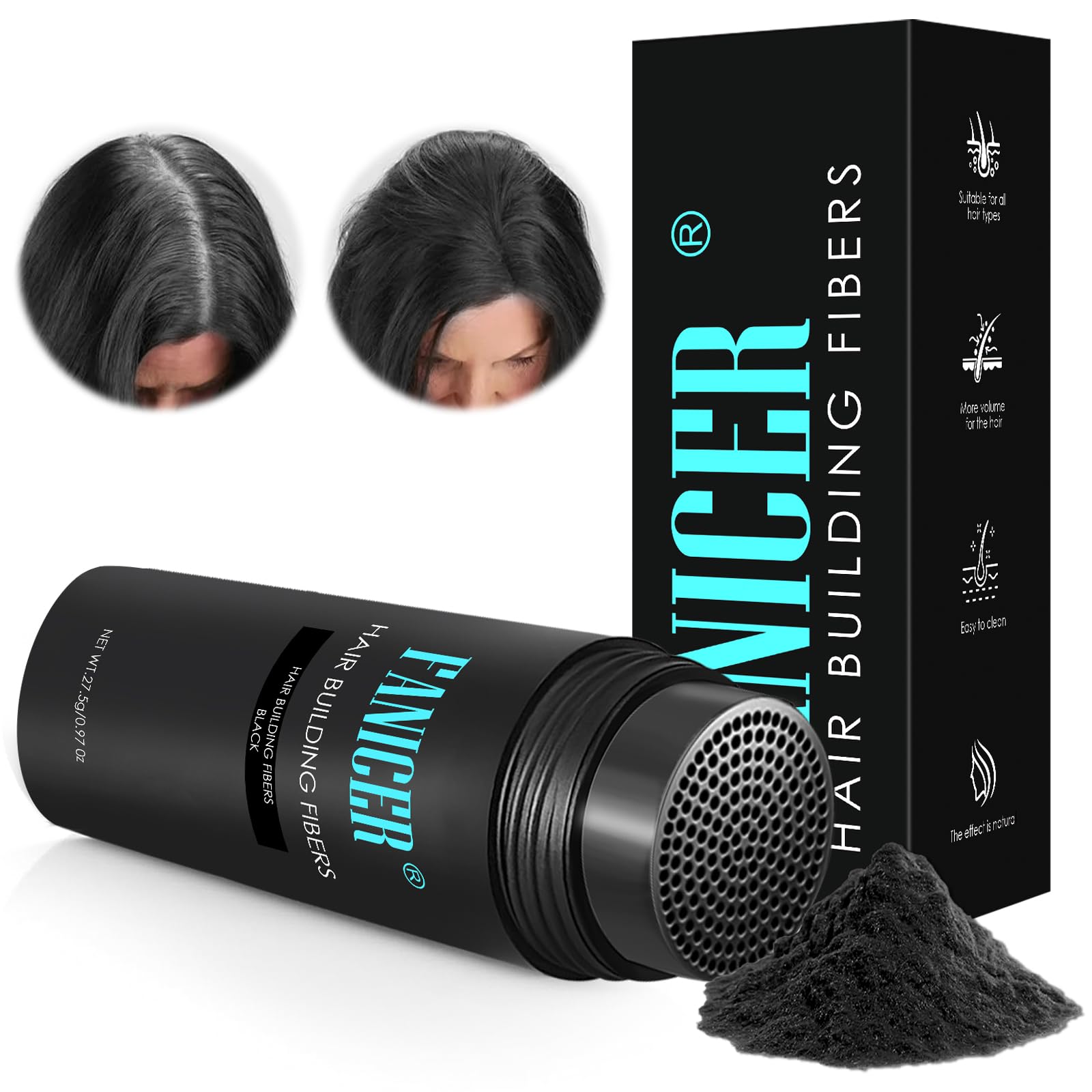 Fibres Capillaires 27,5G Noir pour Cheveux Clairsemés - Poudre Densifiante Hommes et Femmes | Résultats Rapides et Natur