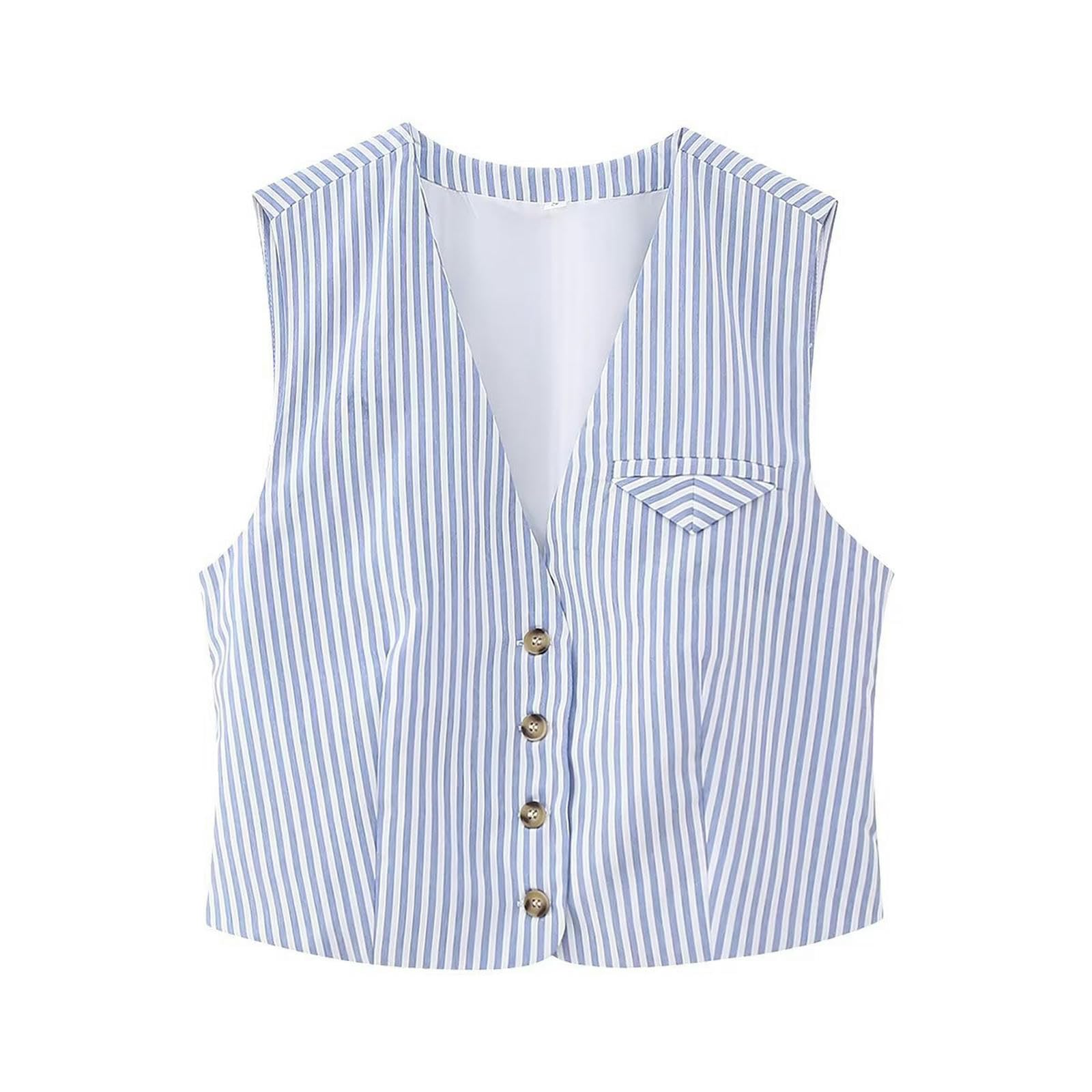 Gilet Estivo Senza Maniche Monopetto a Righe Blu e Bianche da Donna Nuovo-Immagine Colore-M