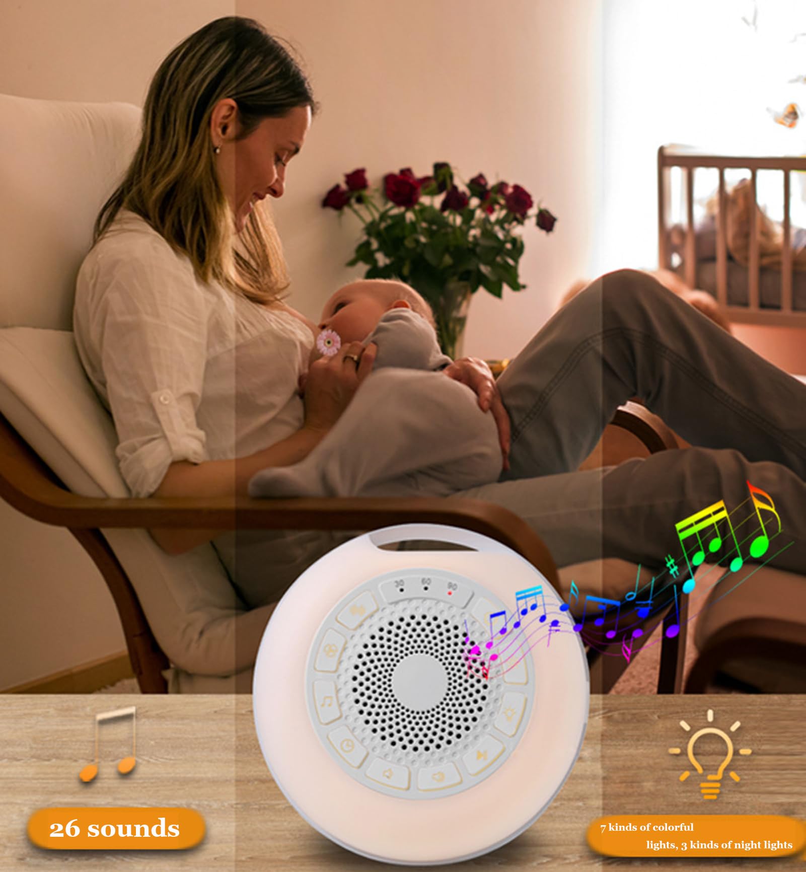 Máquina para Dormir con Ruido Blanco, 26 Sonidos relajantes, 7 Luces nocturnas, con Anillo Antideslizante y Recargable por USB, Terapia pequeña, para niños, Viajes y hogar.