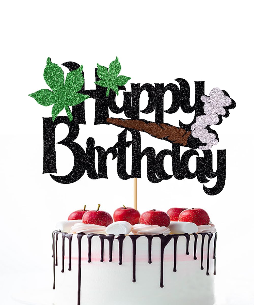 Happy Birthday Cake Topper - Black Glitter Weed Leaf Decoration For Adult Birthday Party Decor - View #13