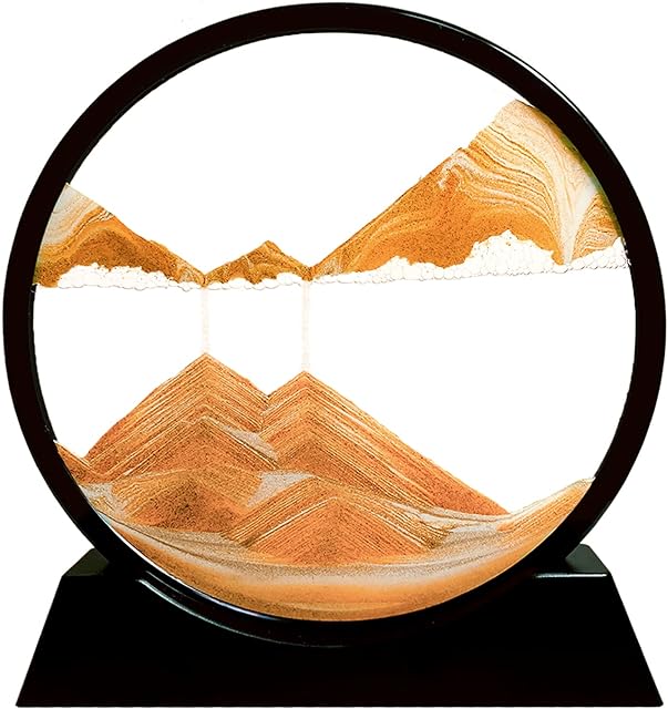 SANDCLE Moving Sand Art Picture - Sand Painting Liquid Motion Decor, 3D Deep Sea Sandscape, Round Glass Frame Display Flowing Sand Relaxing Decoration for Desktop Home Office Work (Yellow, 7")