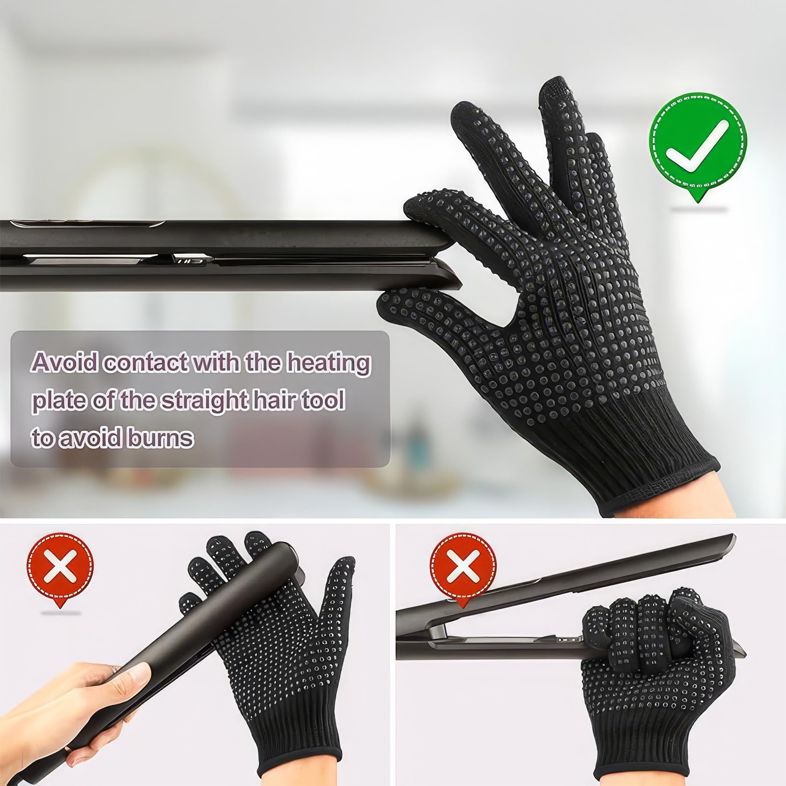 1 Gants Résistants à la Chaleur pour Fer à Friser +1 Coussin D'isolation Thermique en Silicone,Gant anti chaleur,pour Coiffure Gants Thermiques de Salon pour lisseur lisseur fer a boucler,Noir