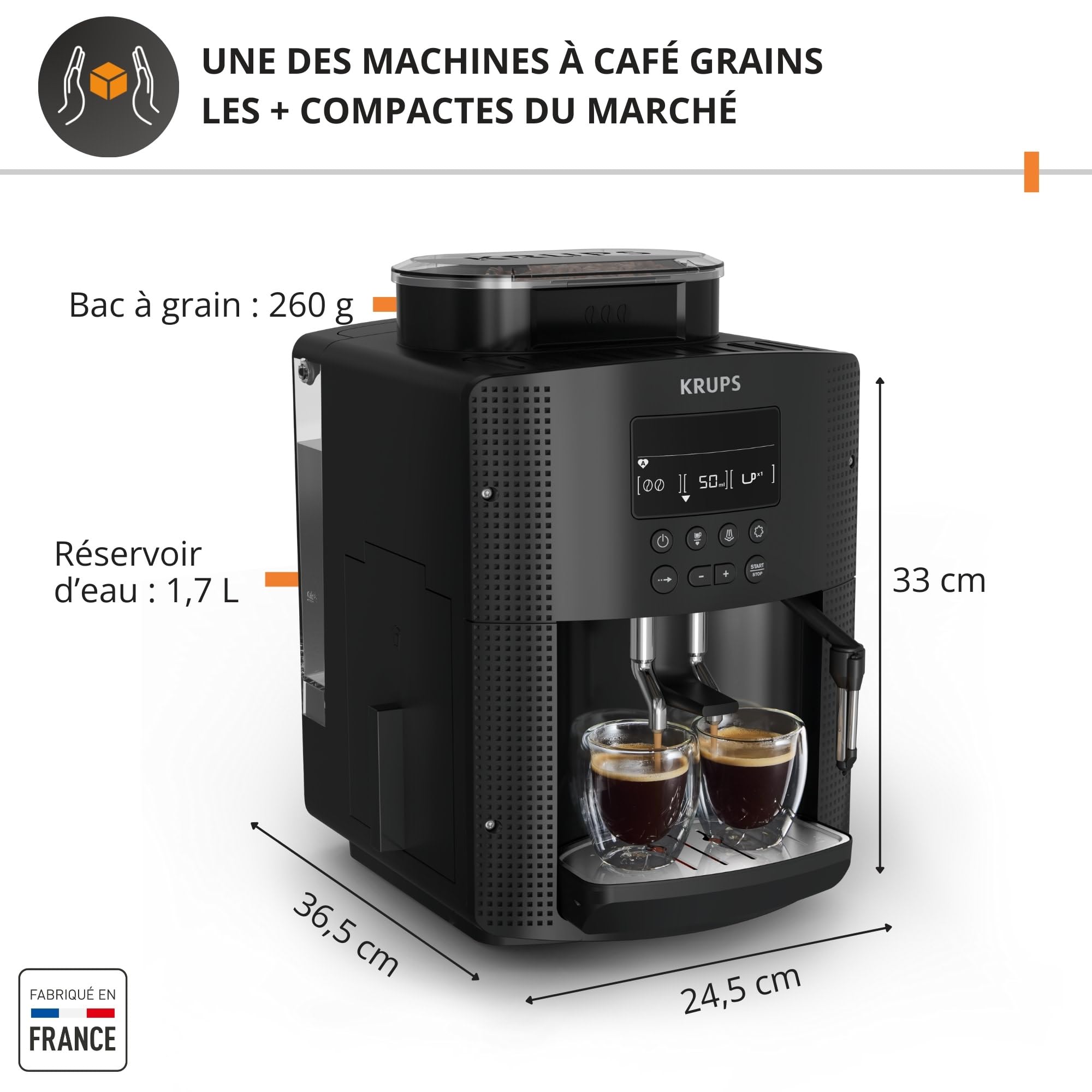Machine a Cafe KRUPS grain, 1.7 L, Cafetiere espresso, Buse vapeur pour Cappuccino, 2 tasses en simultané, Essential YY8135FD, Noir - 2