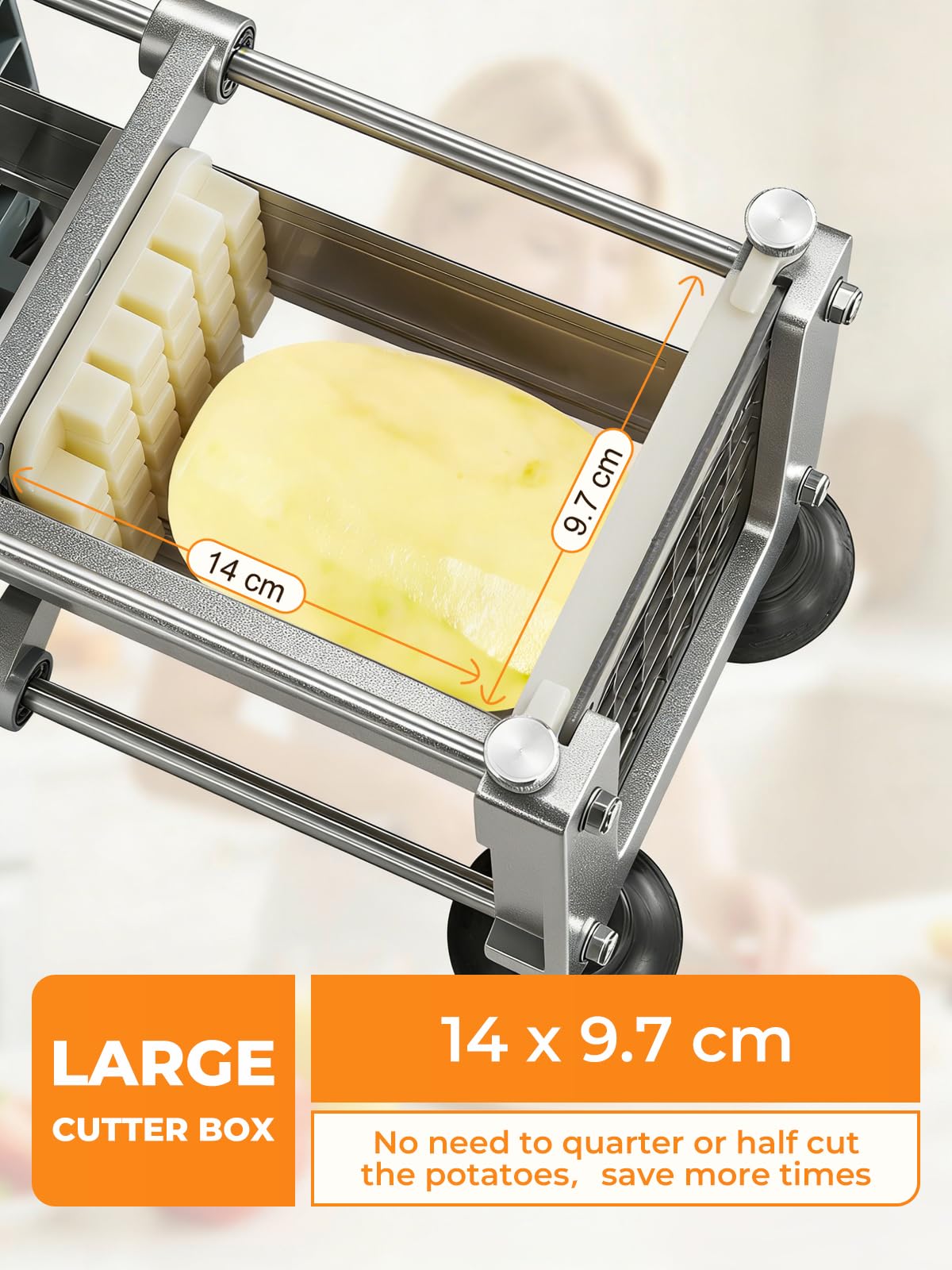 FOHRER Tagliapatate Professionale in Acciaio Inox con 3 Lame (13, 9, 6 mm) per Patate Intere, Carote, Cetrioli, Cipolle e Patate Fritte (Argento)