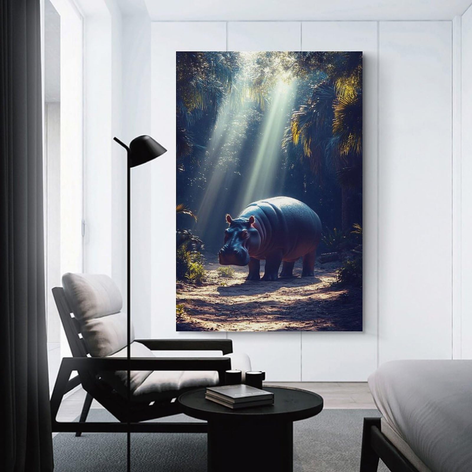 Junmoney Unframe-Style-20 Hippo In Jungle Sunlight Wall Picture Print, 24X36inch(60X90cm), For Living Room, Bedroom, Office Or Hallway, An Adaptable Decor Piece For Home Use