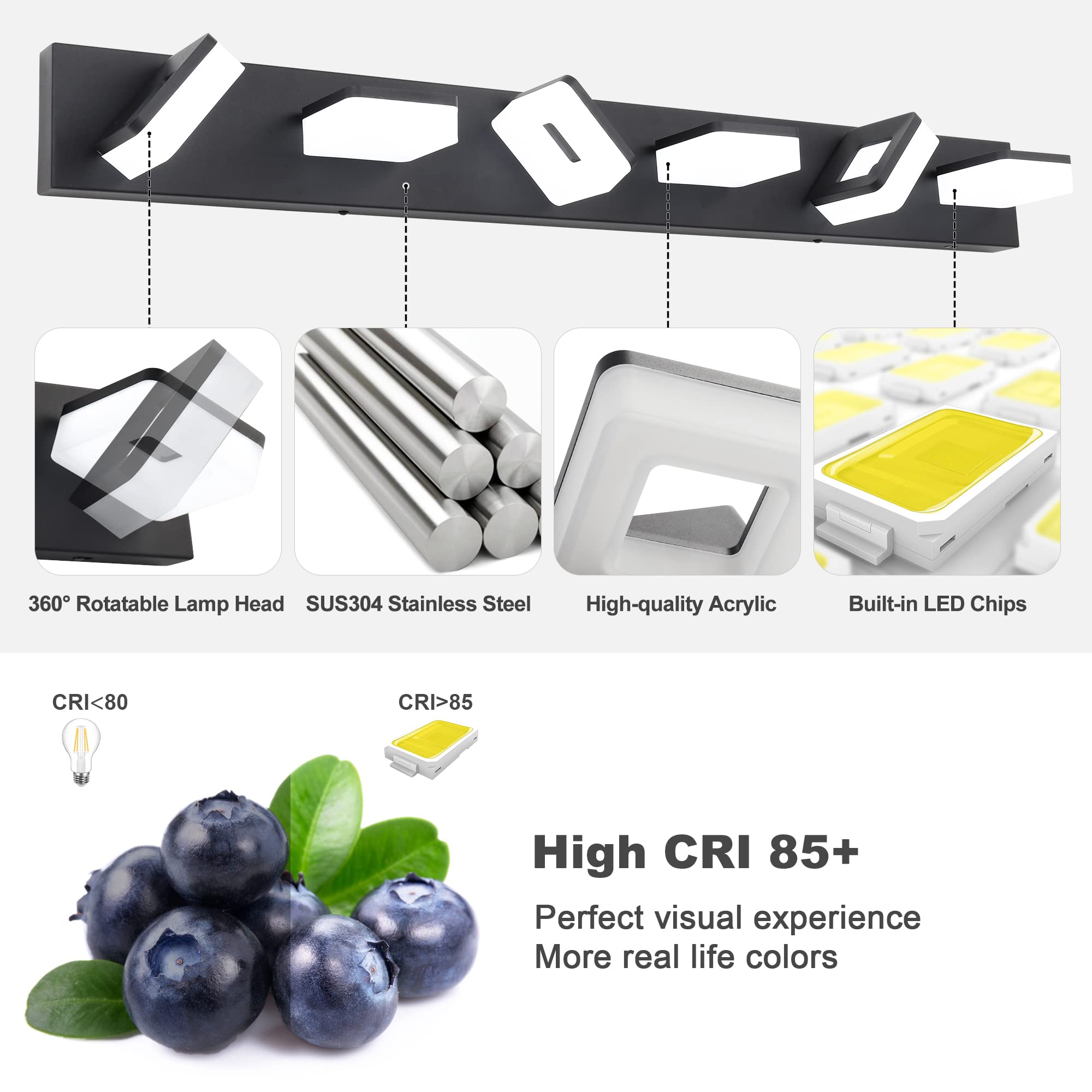 GOODATE Dimmbare Badezimmer-Leuchte über Spiegel, LED-Schminktischleuchten, Acryl, Edelstahl, 6 Leuchten, verstellbar, 3000 K/4000 K/6000 K, 360° drehbar