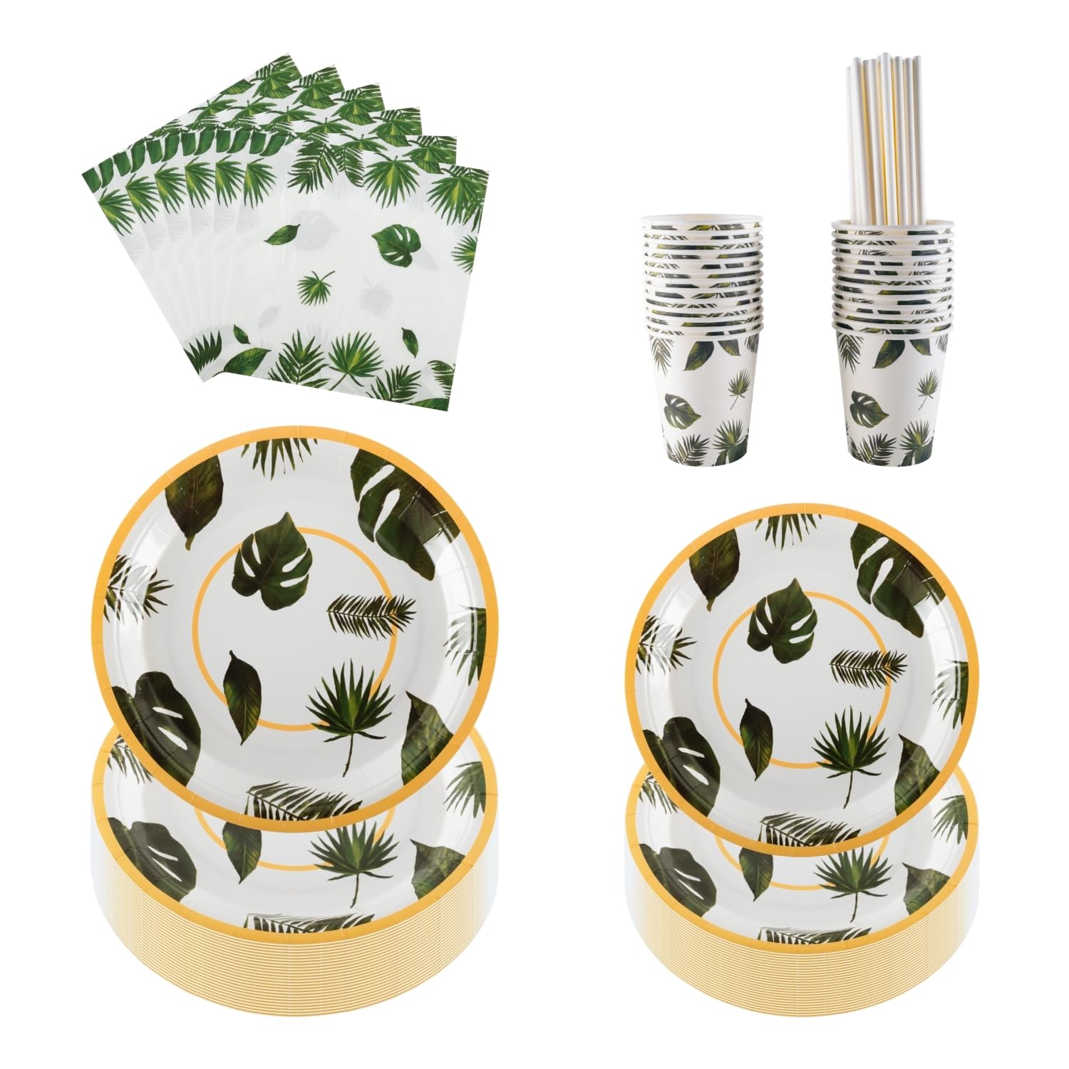 PHUNAT Monstera Leaf Tropical Party Tableware Set for 25 Guests, Includes 7 & 9 Inch Paper Plates, Cups, Napkins & Straws, Perfect for Summer Party, Birthday, Hawaiian Beach Party & Wedding