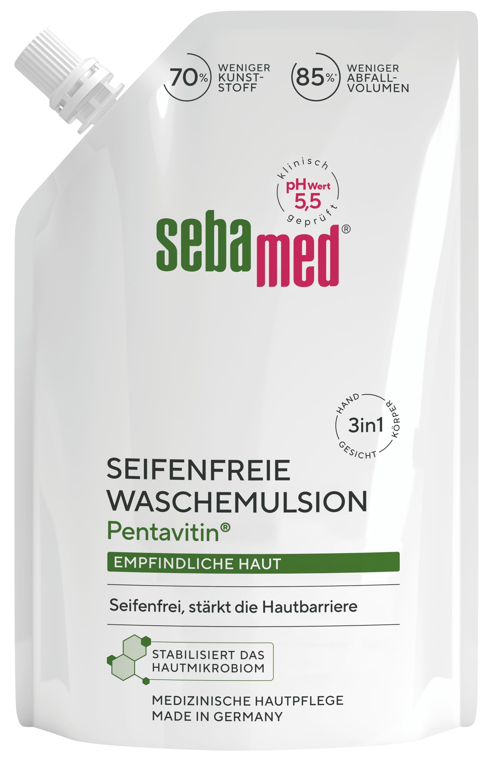 Sebamed seifenfreie Waschemulsion Nachfüllbeutel 400 ml, seifenfreie Reinigung für empfindliche Haut, stärkt die Hautbarriere, zur Hand-, Gesichts- und Körperreinigung geeignet