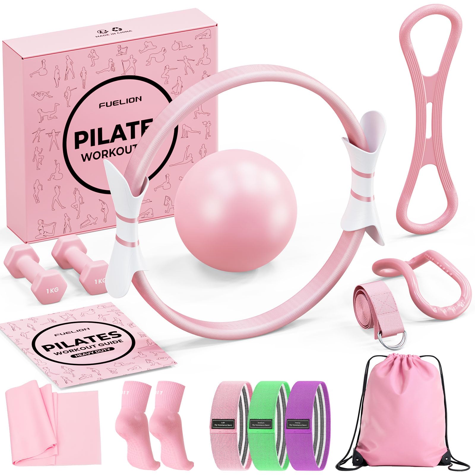 Fuelion Premium Pilates Ring Set 16 in 1 Pilates Kit with 14" Magic Circle, Mini Ball, 3 Resistance Bands, Yoga Accessories, 2lb Dumbbells, Bag&Workout Guide,Pilates Equipment for Home Workouts-Pink