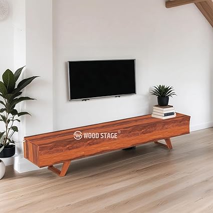 WOODSTAGE Sheesham Wood TV Entertainment Unit Cabinet with 4 Drawer Storage for Living Room Home Bedroom Wooden Tv Unit Stand Furniture (Honey Finish)