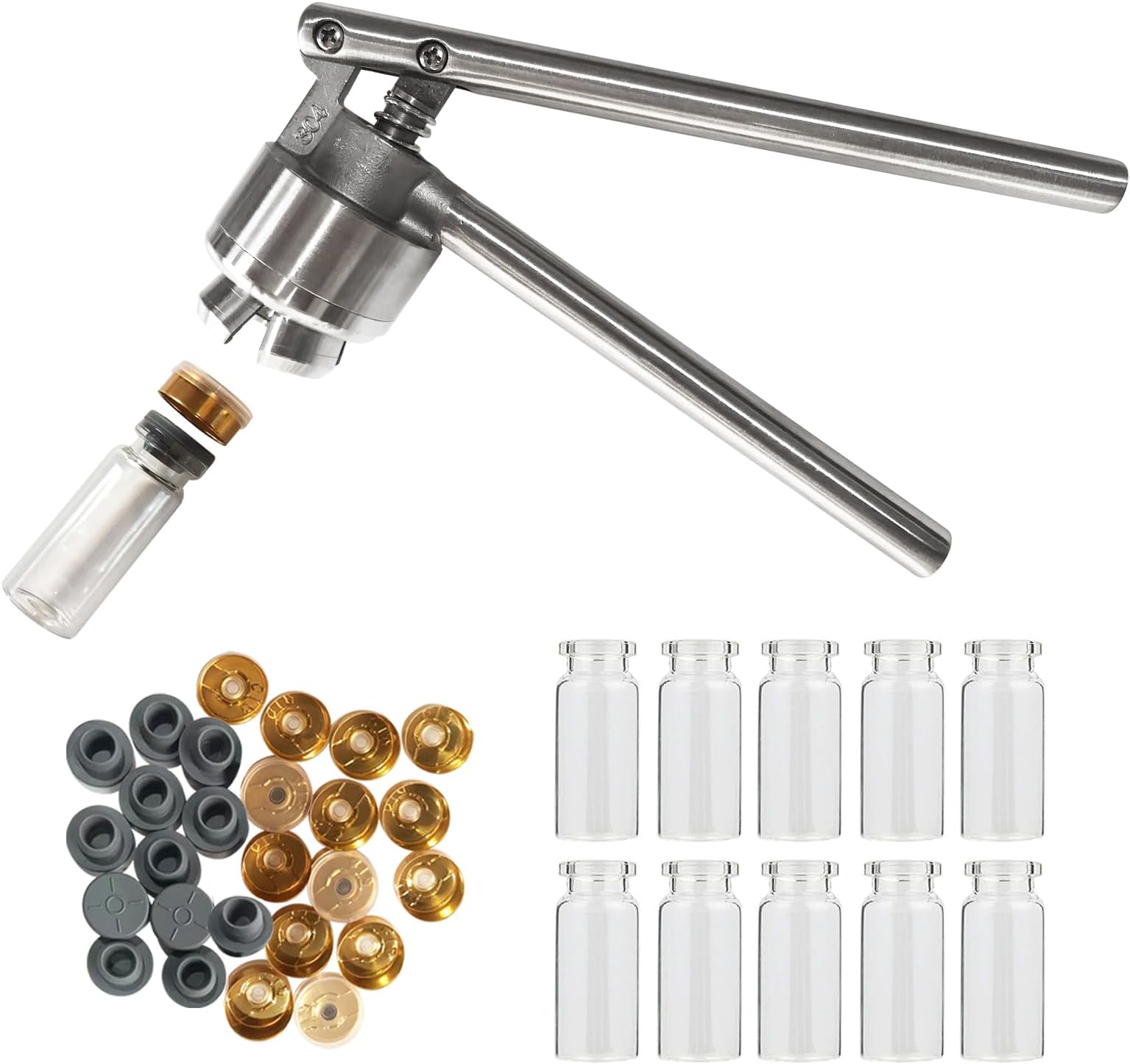 YaeTek 20mm Vial Manual Crimper Hand Sealing Machine + 10 x 10ml Vials & Stopper&Caps - Crimper Medical/Bottle Cap Crimping Tool/Antibiotics Bottle Capper Machine/Hand held Capping Machine