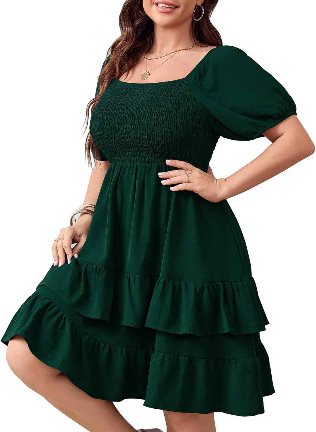 SHESTARR Womens Plus Size Summer Dresses Tiered Square Neck Short Sleeve Smocked A Line Ruffle Layered Swing Short Mini Dress