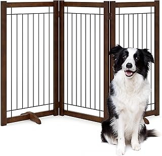 Wire Dog Gate Solid Wood Frame, Anti-Chewing, 3-Panel, 36" Height, 60" Width, Indoor Freestanding Pet Gate Foldable Wooden Dog Fences for Stairs, House, Doorway, Walnut Color