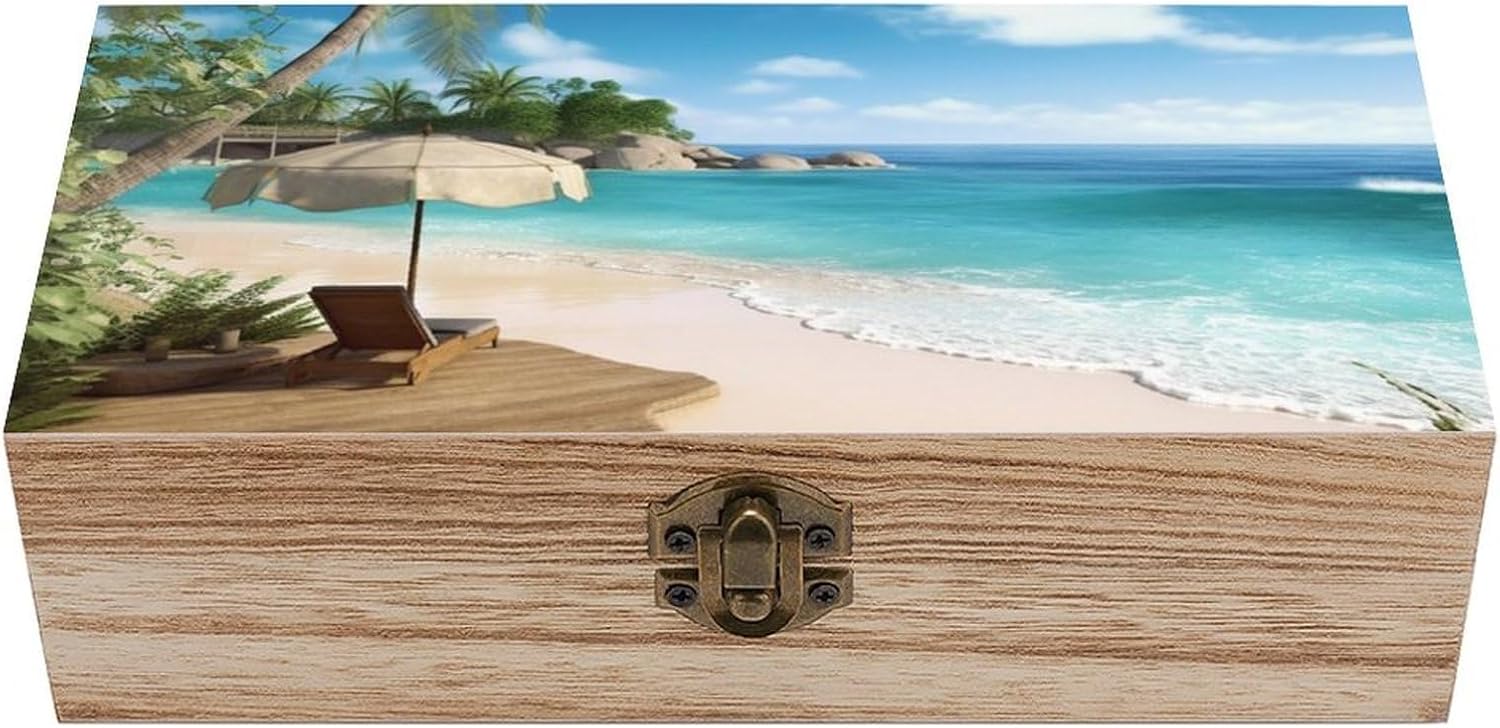 Beach Style Memory Jewelry Wooden Box, Large Wooden Treasure Chest Boxes with Hinged Lid, Photos Storage Case for Women Men, Wooden Keepsake Box, 7.9'' X 3.9'' X2.3''