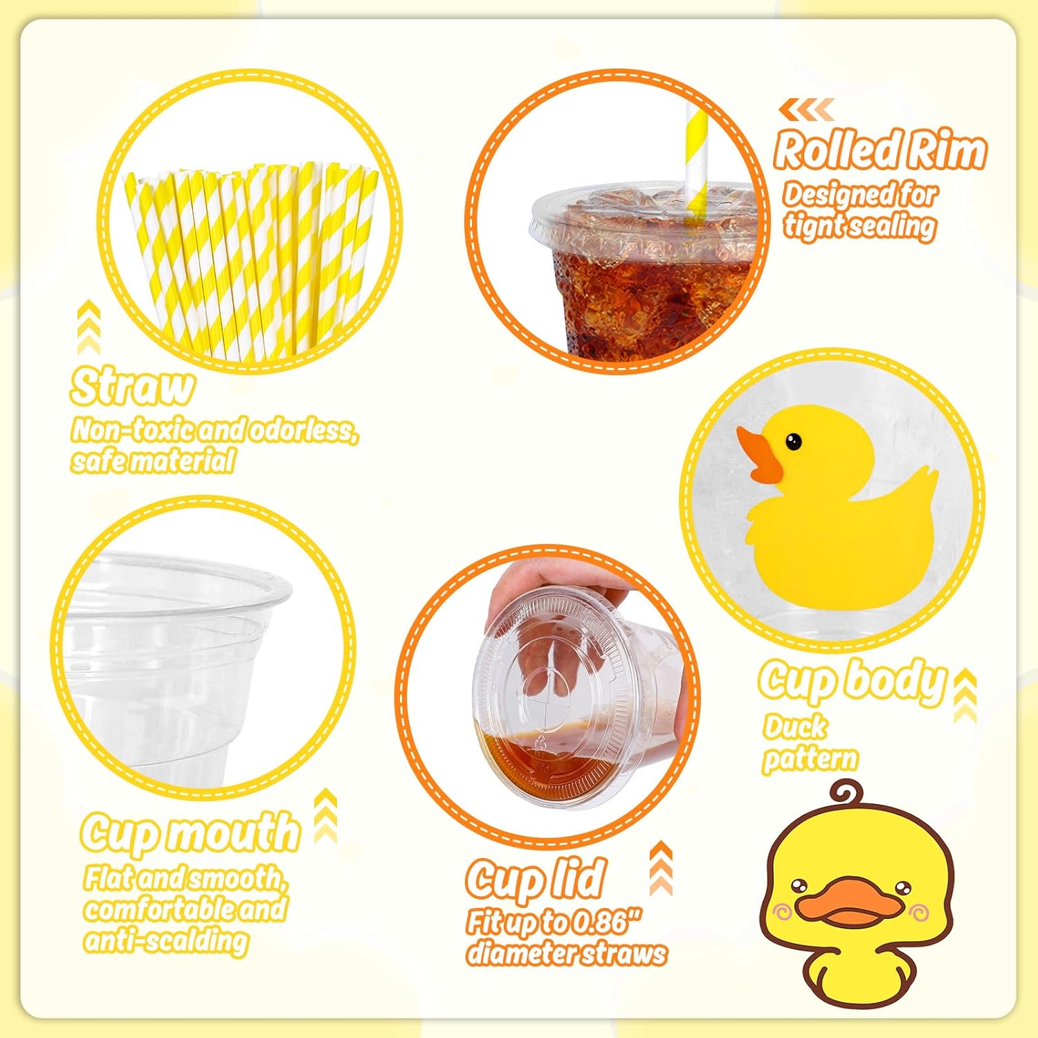 Whaline 50Pcs Yellow Duck Plastic Cups with Lids and Straws 12oz Party Cups Cute Duck Beverage Drinking Cups for Birthday Summer Pool Beach Party - Image 3