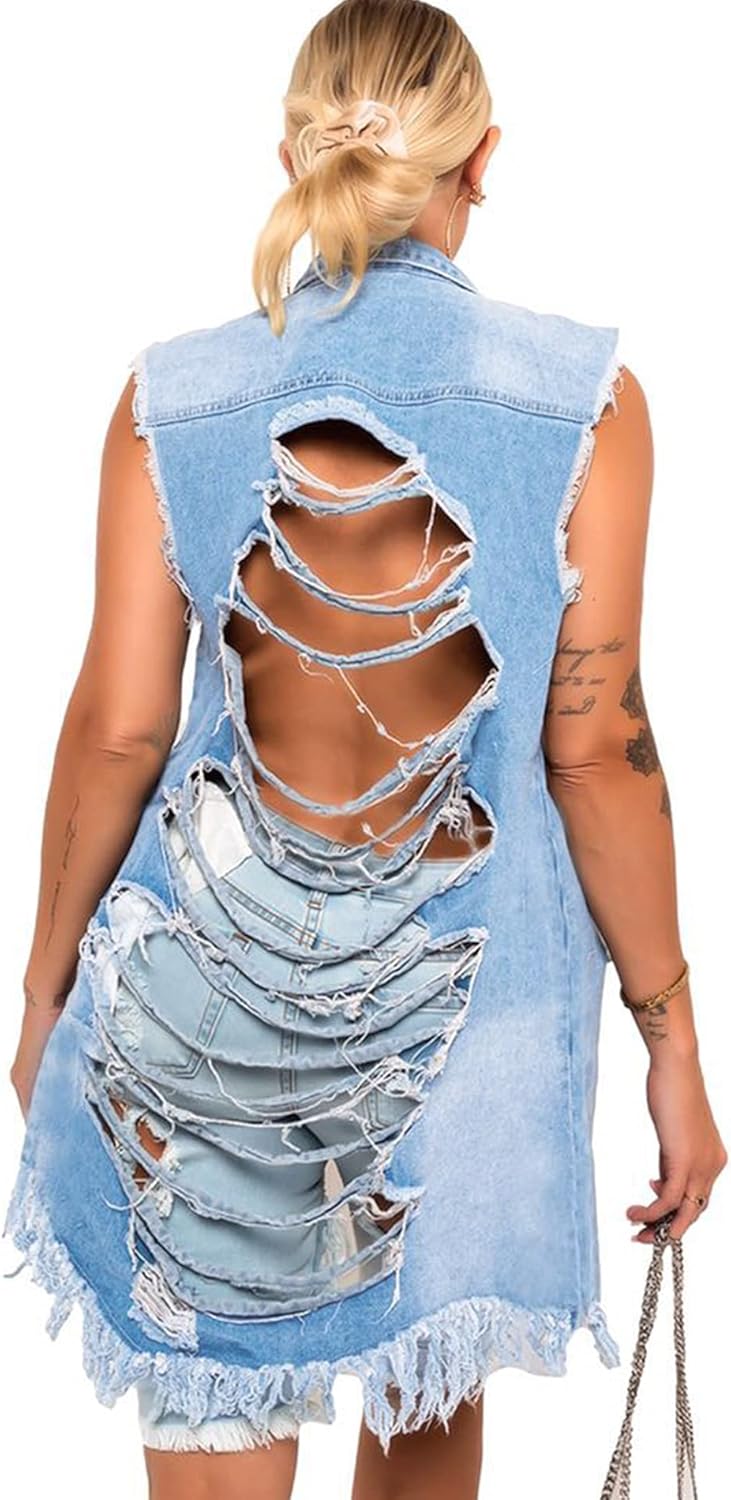Songling Women's Distressed Ripped Sleeveless Mid Long Denim Jacket Jean Vest Cardigan Coats