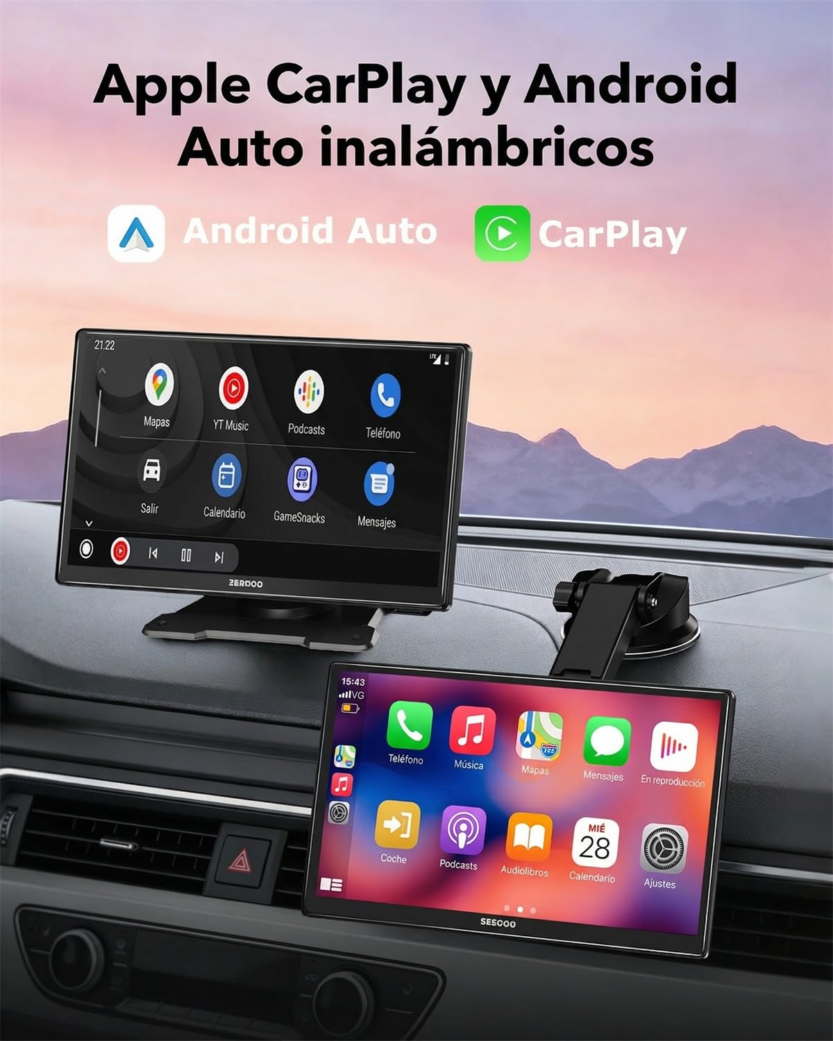 ESSGOO Pantalla Carplay Coche con Cámara Retrovisora,9 Pulgadas Apple Car Play Android Auto Inalámbrico,Pantalla Táctil Portátil Radio Coche con Bluetooth,Airplay,Mirror Link,FM,AUX,Siri,Navegación