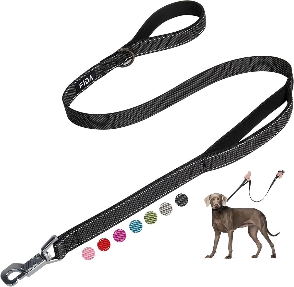 Fida 5 FT Heavy Duty Dog Leash with 2 Comfortable Padded Handles, Traffic Handle & Advanced Easy Snap Hook, Reflective Walking Lead for Large, Medium & Small Breed Dogs, Black