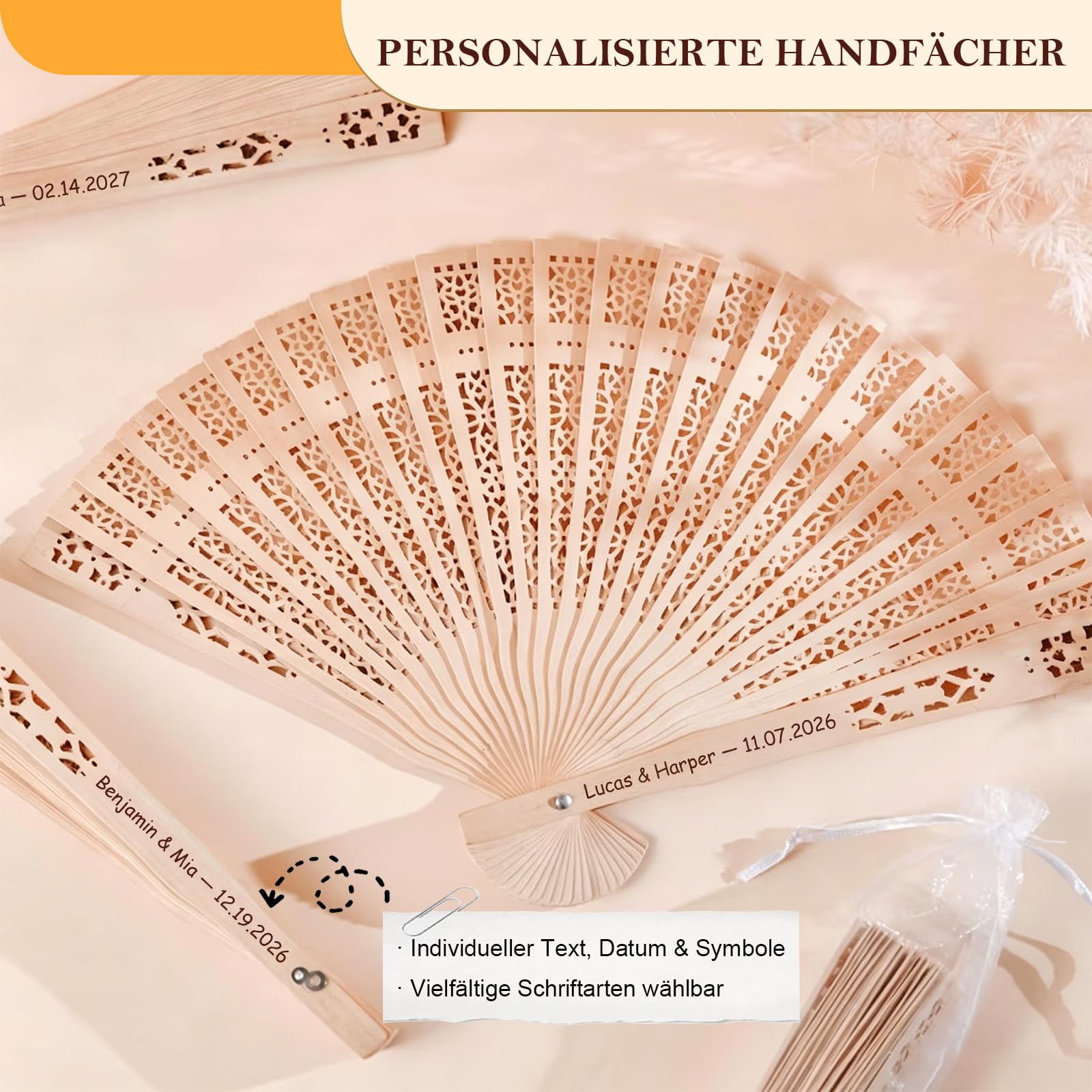 Personalisierte Holzfächer für Hochzeit - Gastgeschenke | Mit Gravur von Name & Datum – In großen Mengen anpassbar, Faltfächer für Sommerhochzeit, Brautparty & Tischdeko