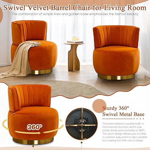 Miniatura 4 de Silla giratoria de terciopelo, moderna silla decorativa tapizada, silla redonda giratoria de 360 con base de metal dorado, cómoda silla de brazo