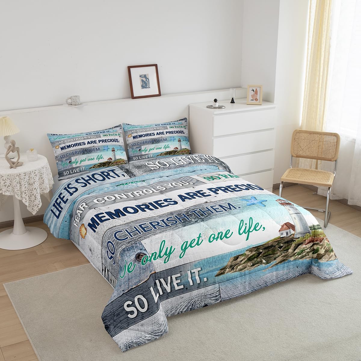 Teens Lighthouse Comforter Set Queen Size,Rustic Farmhouse Bedding Set for Kids Boys Girls Bedroom Decoration,Navigation Theme Bed Duvet Insert,Blue Gray Wood Panels Comforter with 2 Pillowcases
