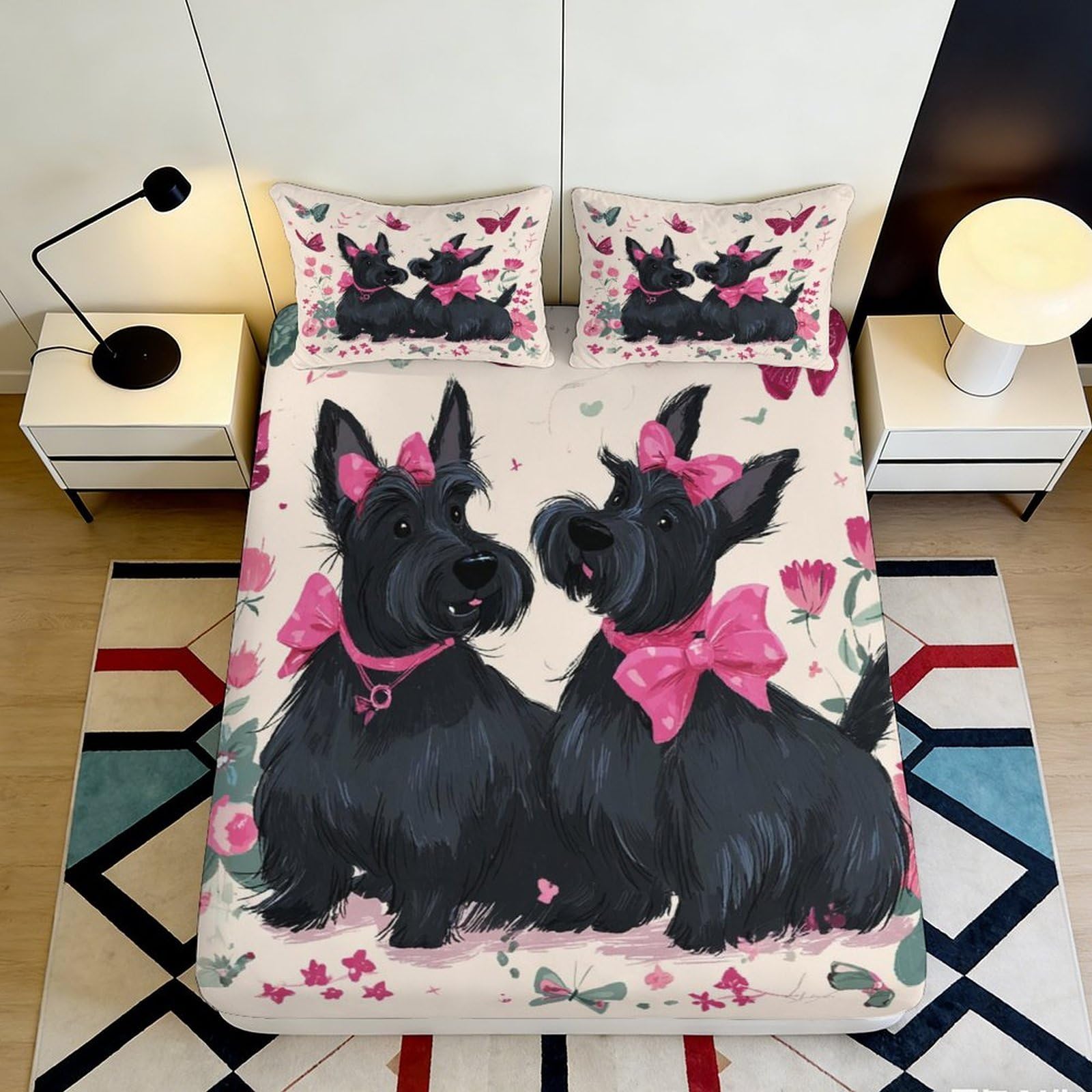 3D Printed Black Scottish Terrier Fitted Sheet Microfiber Soft Pink Bow Bed Sheet for Bedroom Dorm Decor Protection 90x200x25cm