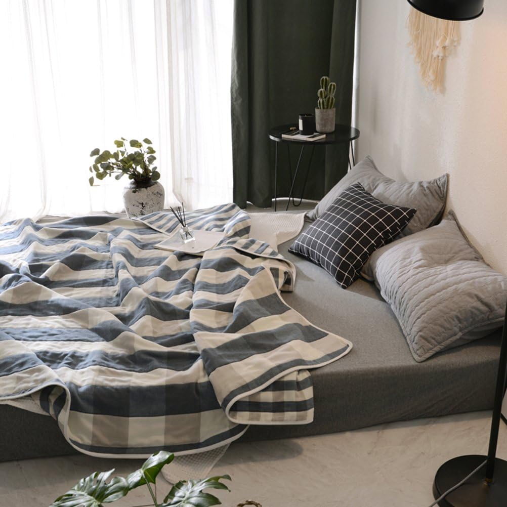 UOZZI BEDDING 6 Layers of 100% Spring Summer Muslin Cotton Premium Toddler Blanket Quilt/Throw Blanket Lightweight Blanket for Teens, Adults (Navy Blue Plaid Style, 56"x75")
