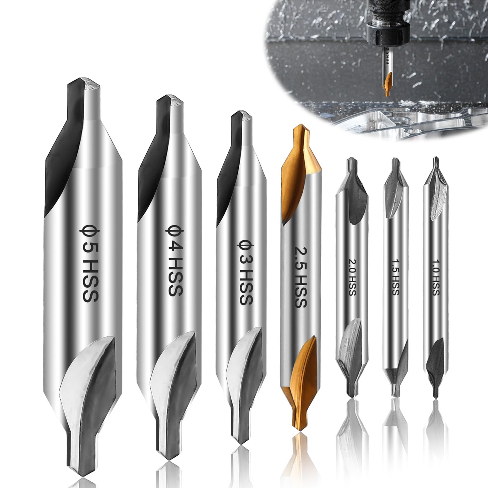 7 Center Drill Bits Set(1/1.5/2/2.5/3/4/5mm) M2 High-Speed Steel 60-Degree Angle Centre Drill Bits Kit Countersink Tools for Lathe Metalworking self-Centering Precise Hole Positioning