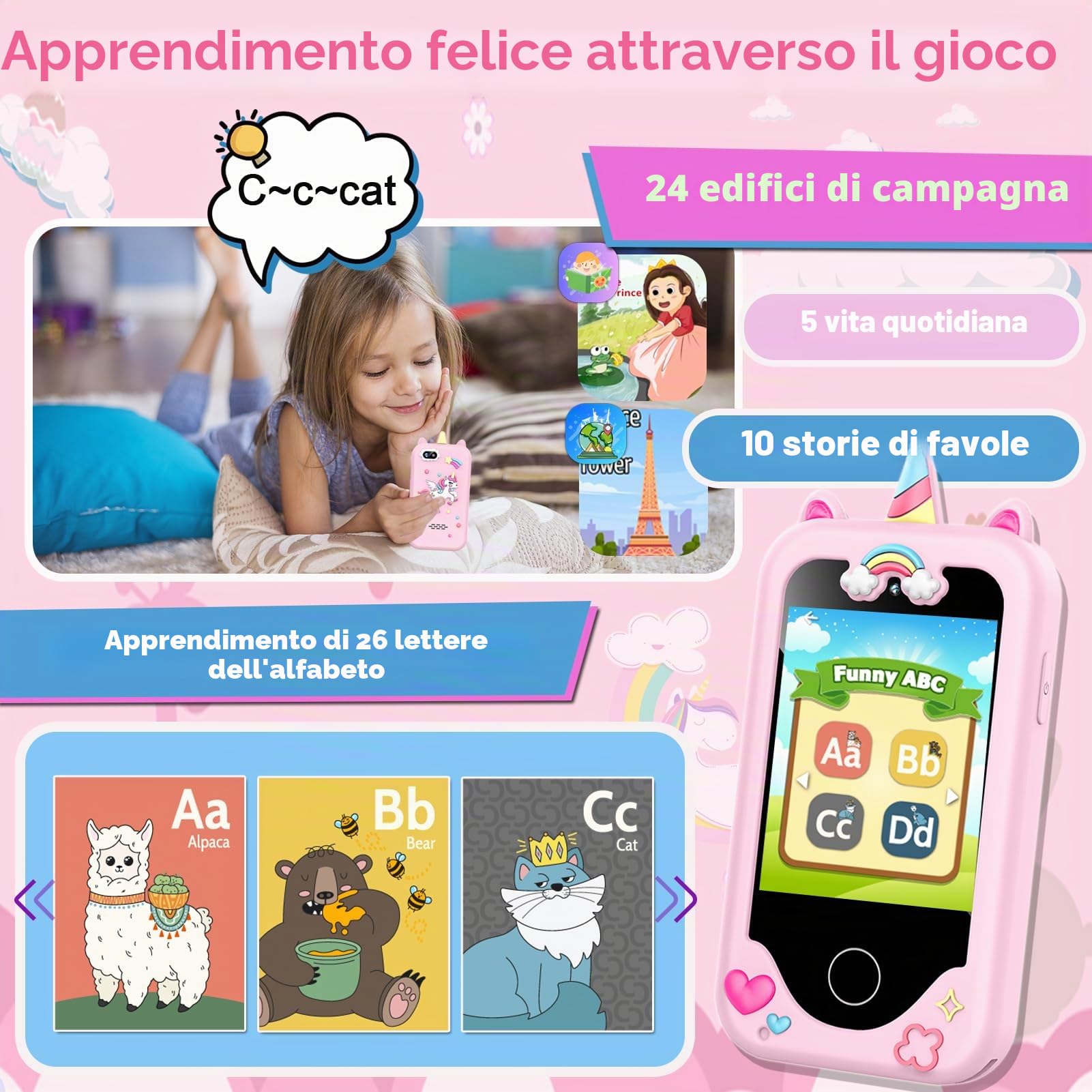 Telefono per bambini per ragazze, unicorni, regali per ragazze dai 3 ai 10 anni, giocattoli di Natale per bambini, giocattoli per bambini con touch screen, con doppia fotocamera, gioco, lettore
