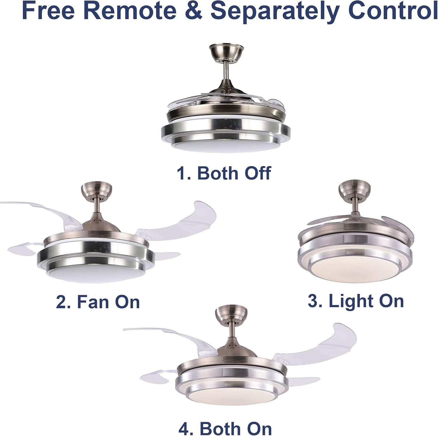 N/A 42inch Retractable Ceiling Fan with LED Light and Remote Control, Retractable Blades, 3 Color Dimmable Modern Ceiling Fan for Bedroom/Living Room/Dining Room Nickel 42 Inch