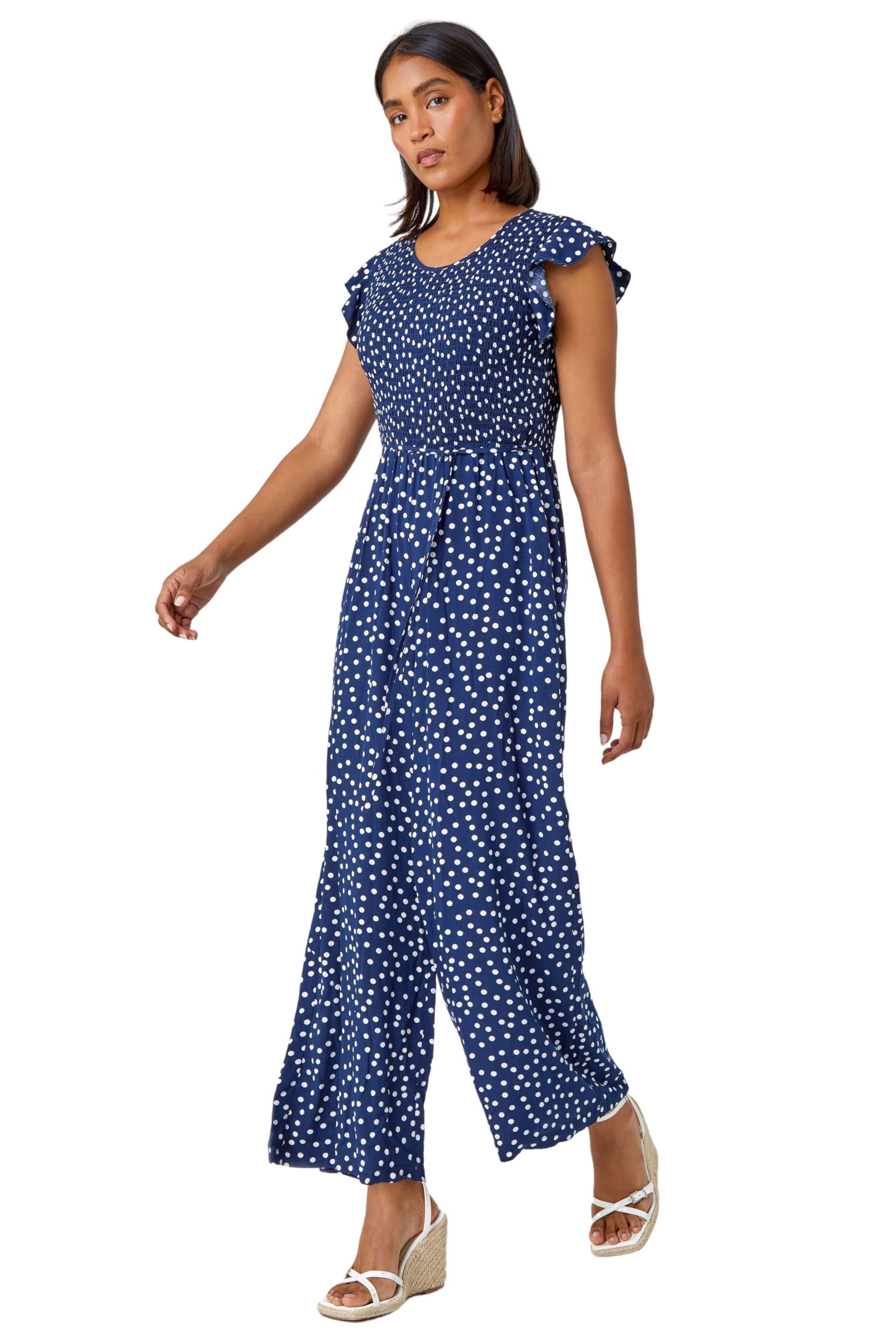 Roman Originals Women's Navy Polka Dot Shirred Pocket Jumpsuit For Uk - Everyday Holiday Spring Summer Round Neckline Comfy Soft Evening Vacation Work Party - Size 16