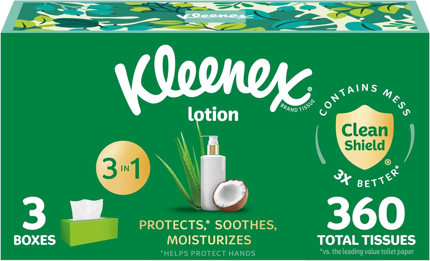 Kleenex Lotion Facial Tissues with Coconut Oil & Aloe, 3-Ply, 120 Sheets/Box, 3 Flat Boxes (360 Total Sheets)