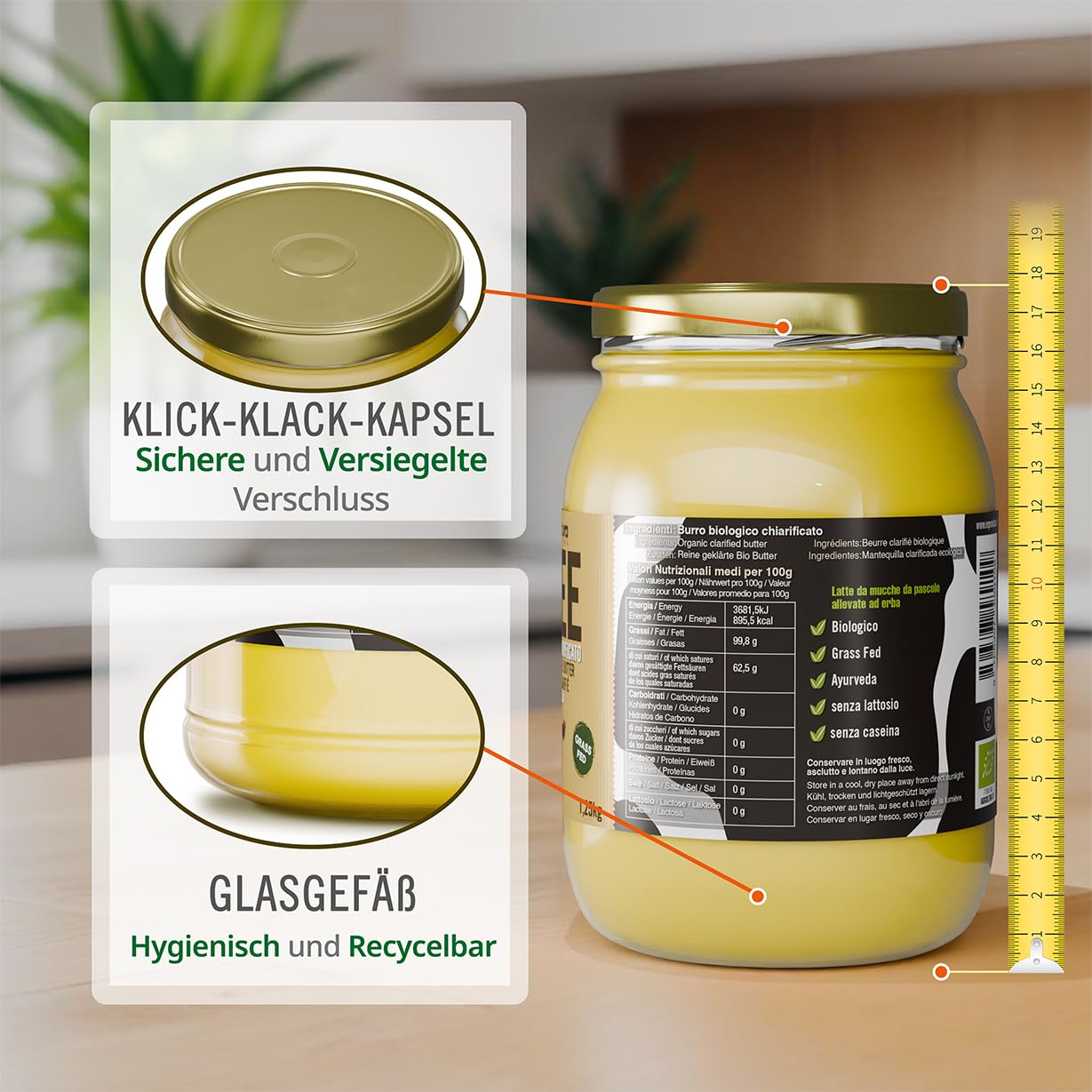 Exponatura Bio-Ghee - Geklärte Butter nach alter ayurvedischer Rezeptur - nur aus der Milch von Weidekühen - laktosefrei, extrem bekömmlich (1250 g)