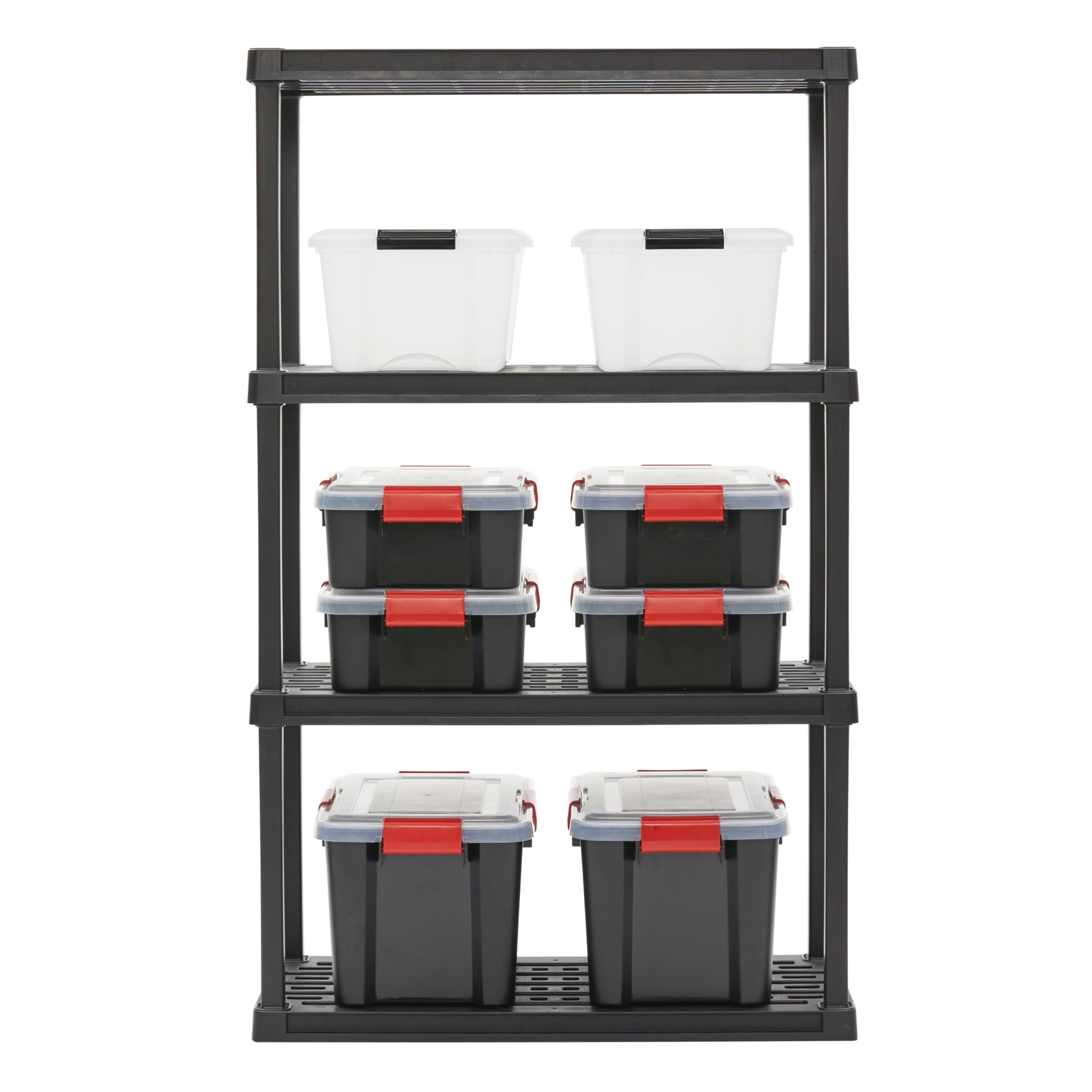 Iris Ohyama, Set di 2 Scaffali in plastica resistente, capacità di 100 kg, facile da montare, 4 ripiani, senza BPA, ripiano per garage, cucina, spazio di lavoro, PRS-M4, nero