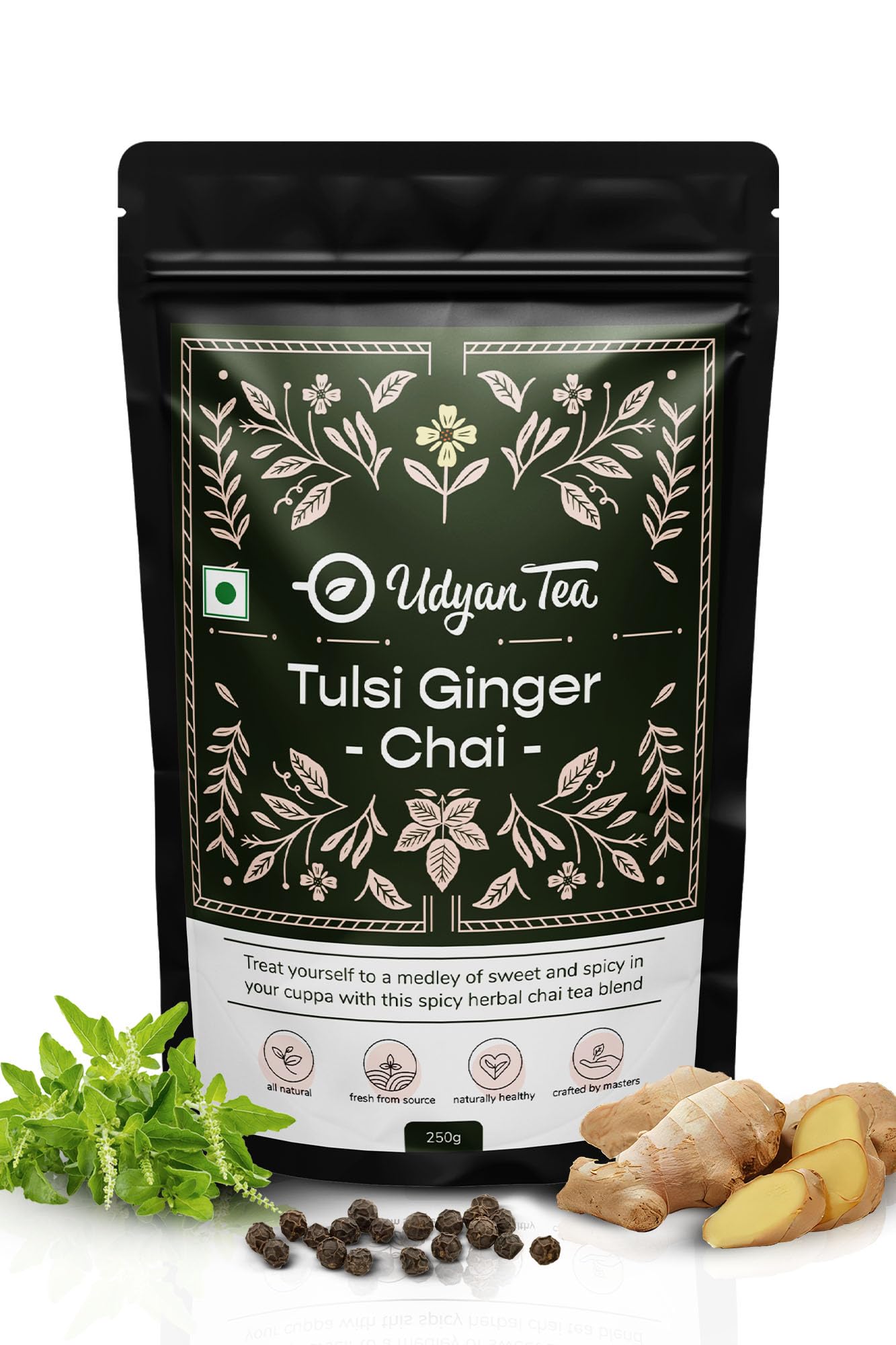 Udyan Tea Tulsi Ginger Chai, 250g | Immunity-Boosting CTC Black Tea with Tulsi, Ginger & Black Pepper | Ayurvedic Healing Blend for Cold & Cough Relief | Handcrafted Sweet & Spicy Tea