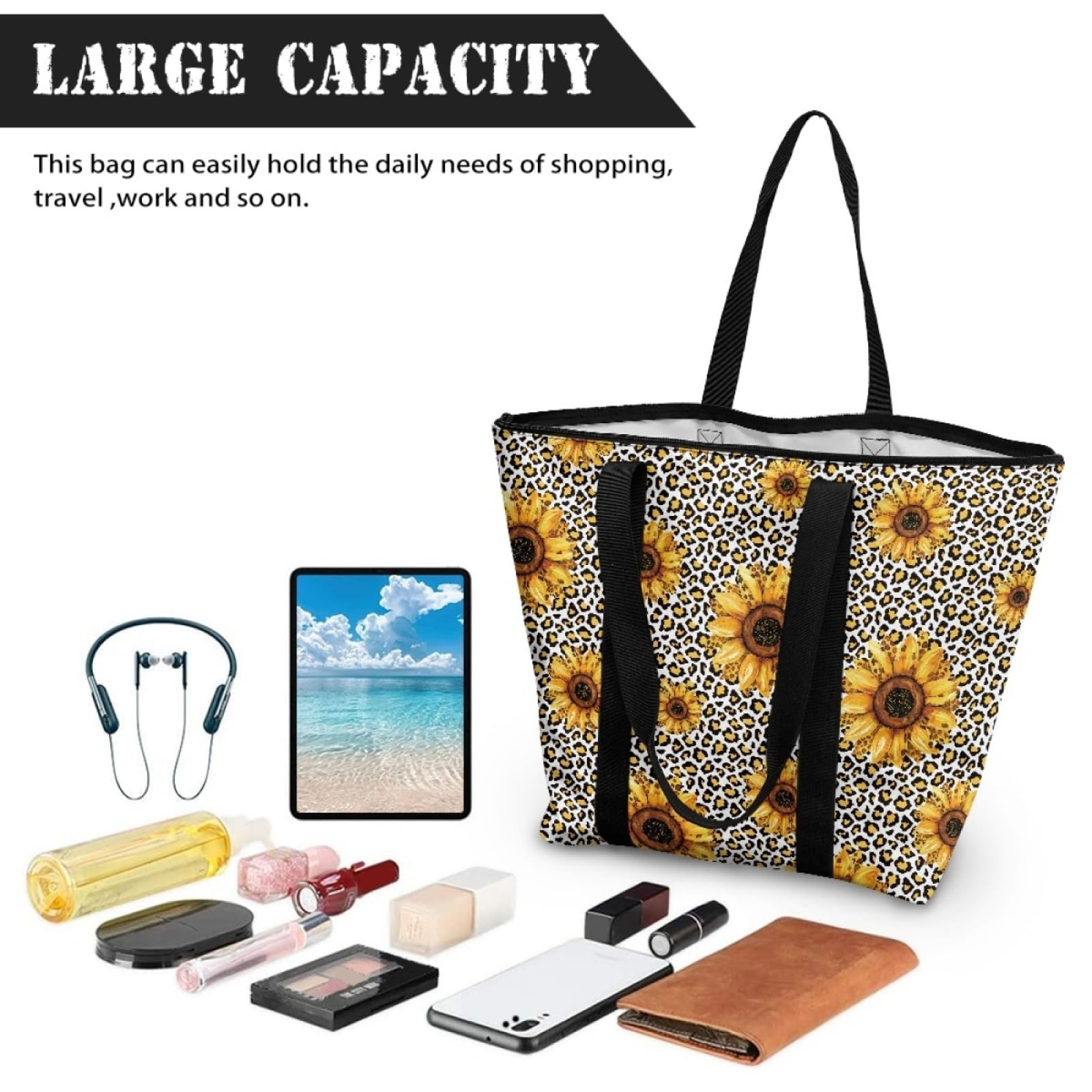 Tote Bag Tela Bolsas de Tela Poliéster Bolso de Mano de Mujer Reutilizable Bolsa Compra Plegable Tote Bag Cremallera Bolso Viaje Duradero Totebag