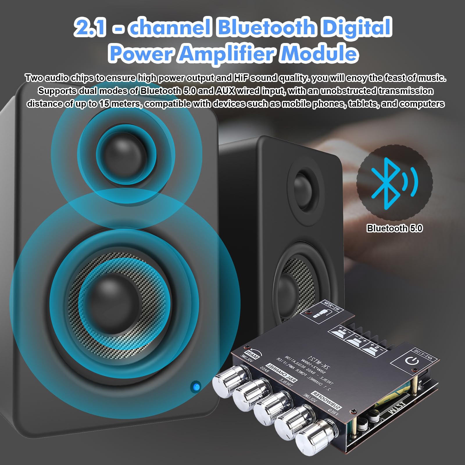 Amplificatore Bluetooth HiFi: Amplificatore Audio Stereo 2.1 Canali, Subwoofer 50W×2+100W, Ingresso Bluetooth e AUX per Sistemi Audio Domestici e Auto, Altoparlanti per Auto