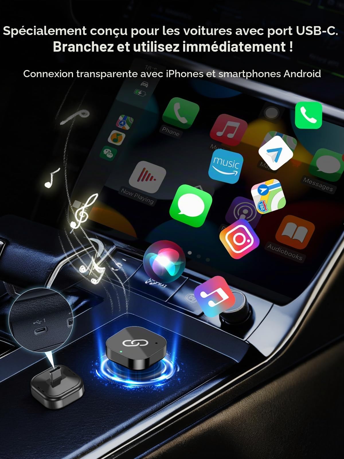Spedal 2 en 1 Adaptateur Carplay & Android Auto sans Fil USB C, Plug & Play, Compatible avec Voitures équipées de CarPlay Filaire à partir de 2016, Reconnexion Automatique, sans Latence (Noir)