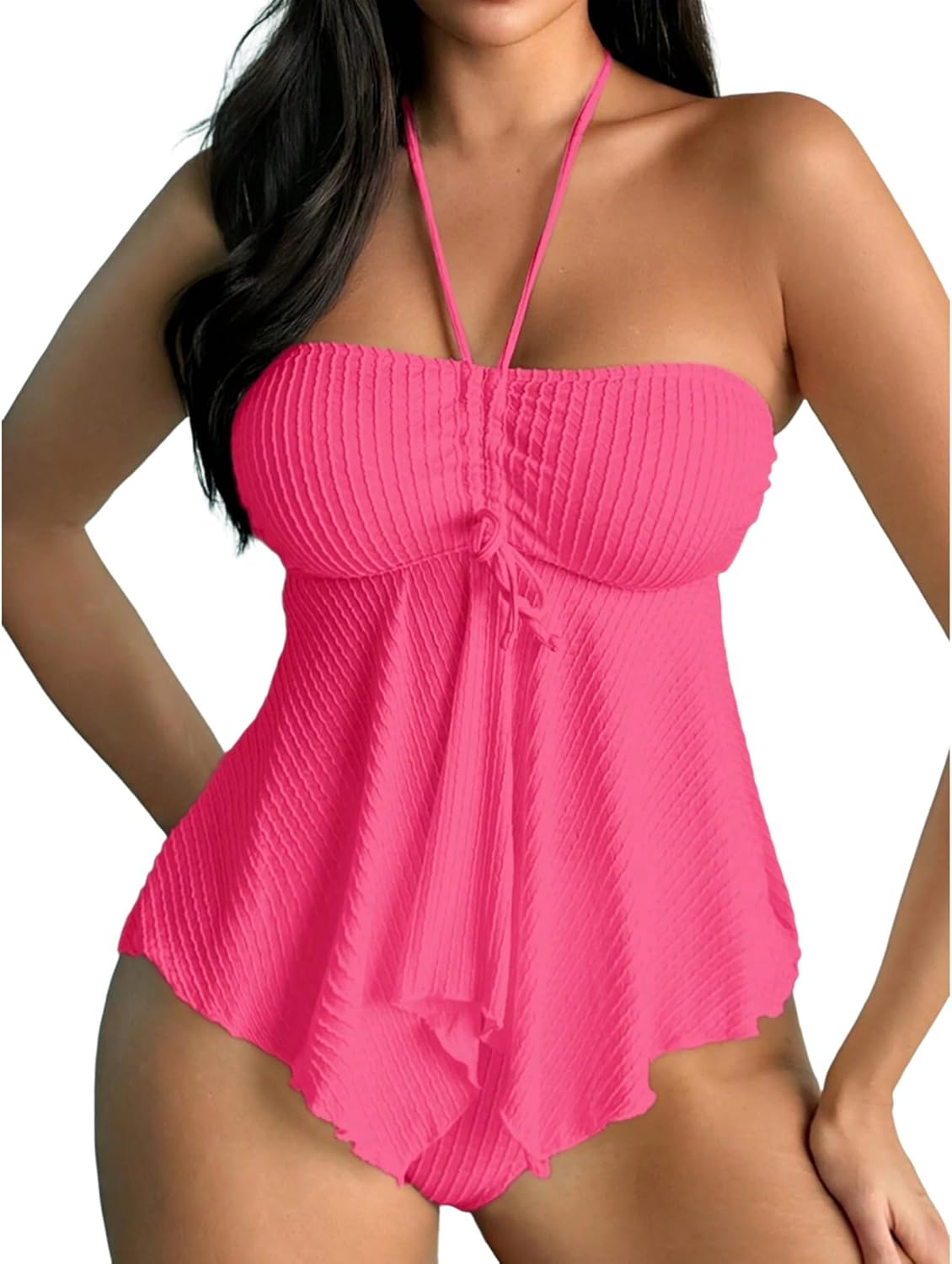 ZAFUL Womens 2025 Two Piece Bathing Suits Halter Bandeau Self-Tied Tankini Set Swim Top with Bottom Tummy Control Swimsuit