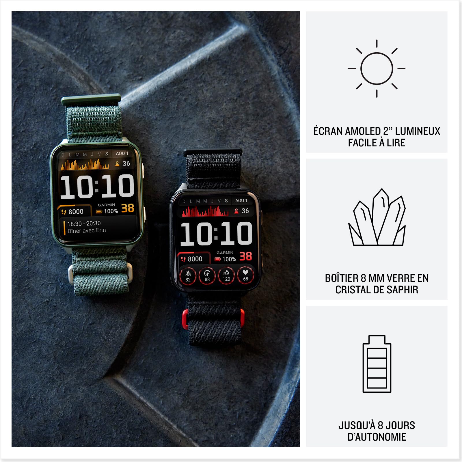 Garmin Venu X1 Montre connectée GPS écran AMOLED 2″ Boîtier Ultra Fin 8 mm Bracelet Nylon ComfortFit Vert Mousse
