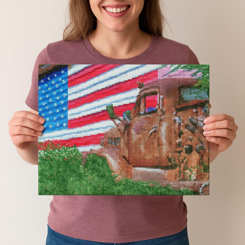 DIAMOND ART BY LEISURE ARTS Patriotic Truck, 20"X16", Advanced Diamond Painting Kits for Adults - Diamond Art Kits a Relaxing Creative Craft Kit with Gems