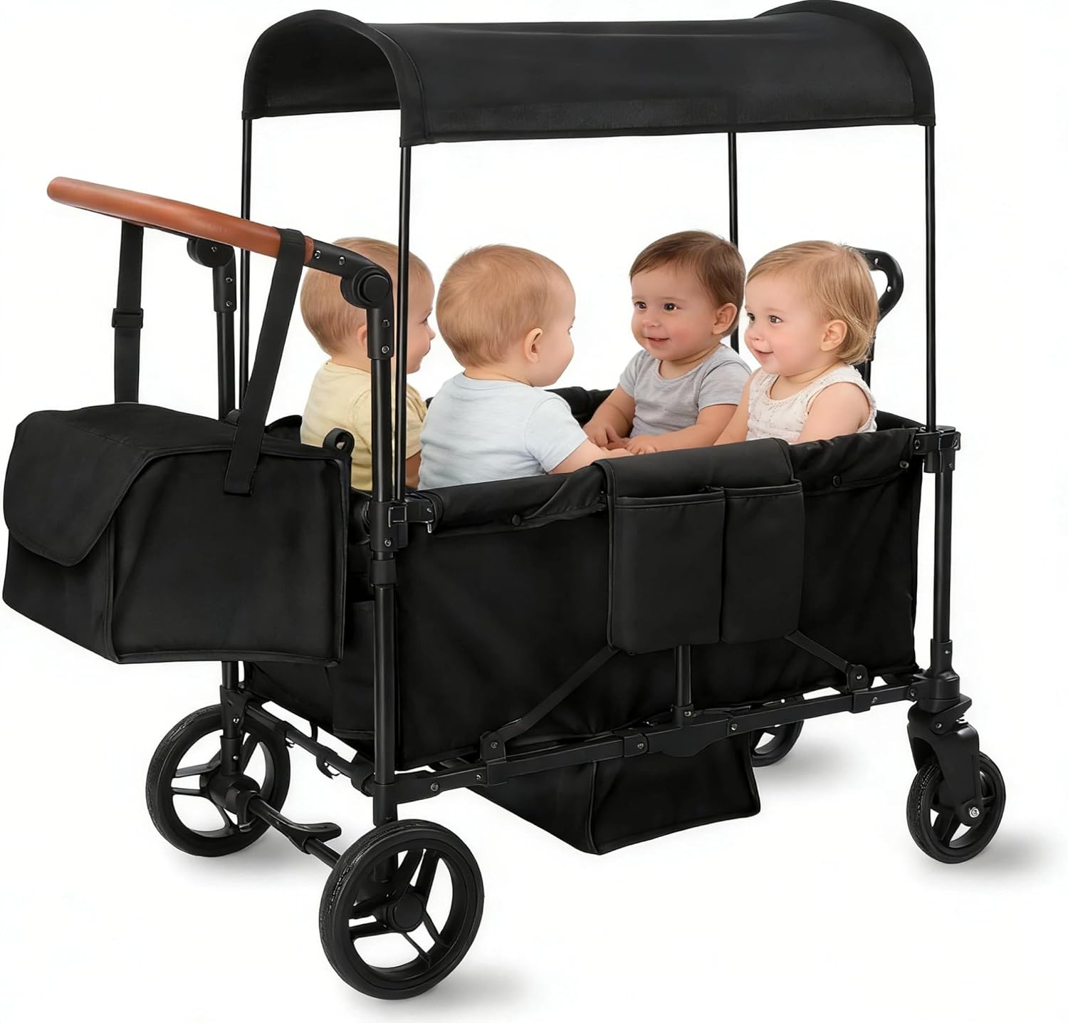 Stroller Wagon for 4 Kids, Foldable All Terrain Wagon for Kids, with Removable Canopy, Adjustable Push and Pull Handle, 5 Point Harnesses, Large Storage Bag