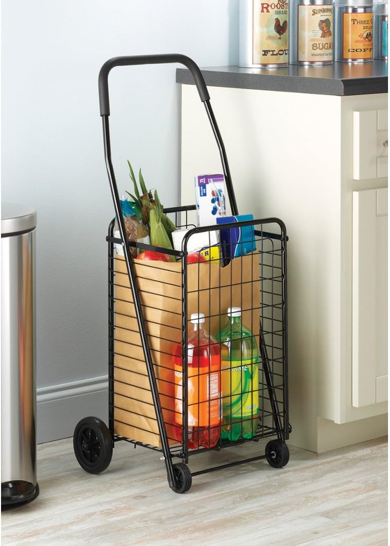 Whitmor Foldable Utility Shopping Cart with Wheels, Heavy Duty Metal Grocery Cart, Portable Foam Handle, Rolling Collapsible Trolley for Groceries, Laundry, Storage, Black