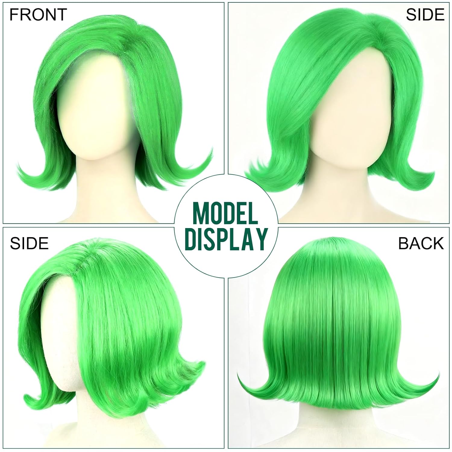 Women Green Costume Wig Set – 4Pcs Adult Short Green Cosplay Wig Adjustable with Wig Cap, False Eyelashes, Purple Scarf & Puff Skirt – Character Outfit for Halloween, Anime, Party & Cosplay - Image 3