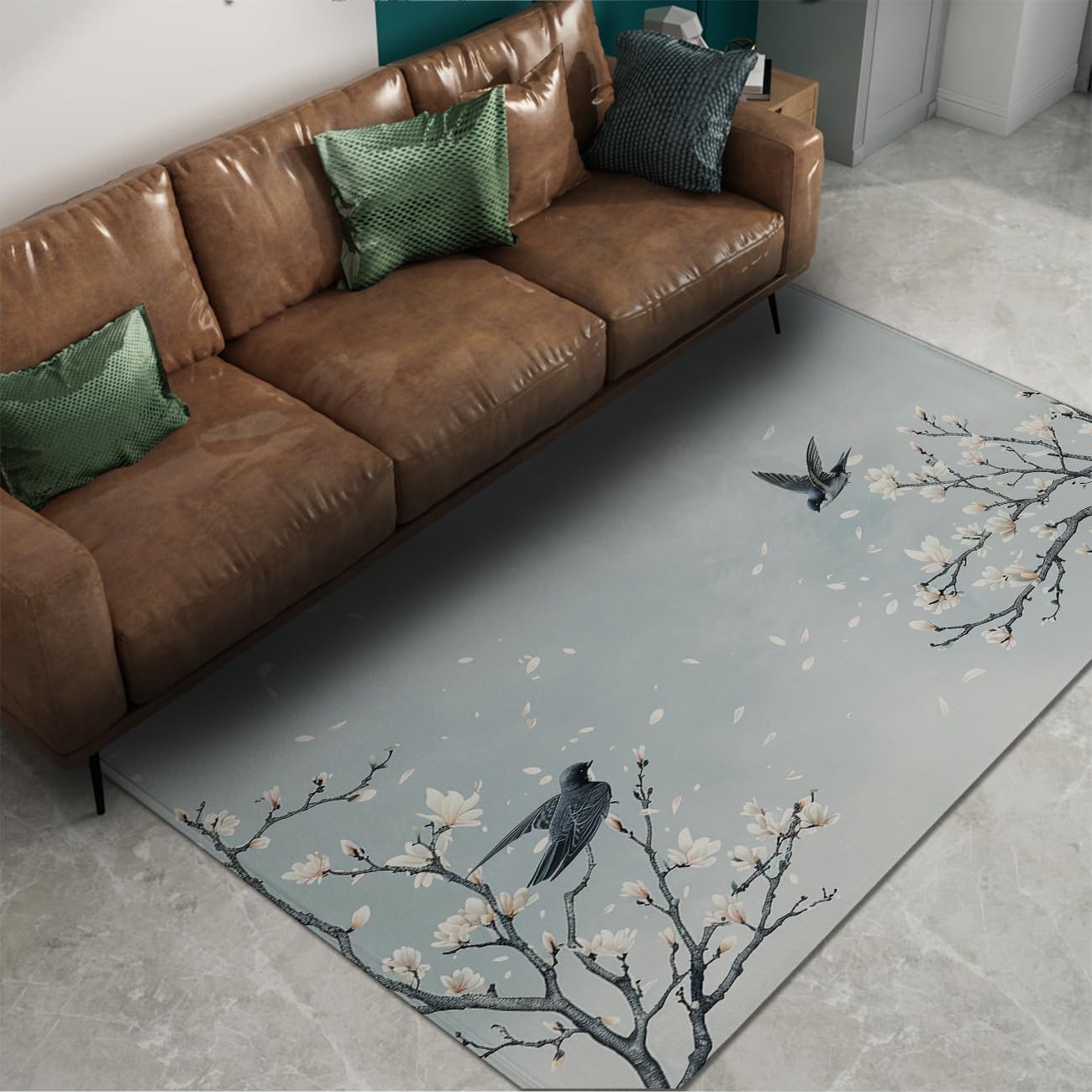 Teppich 120x170cm Vintage Blumen Zweig Waschbar rutschfest Vögel