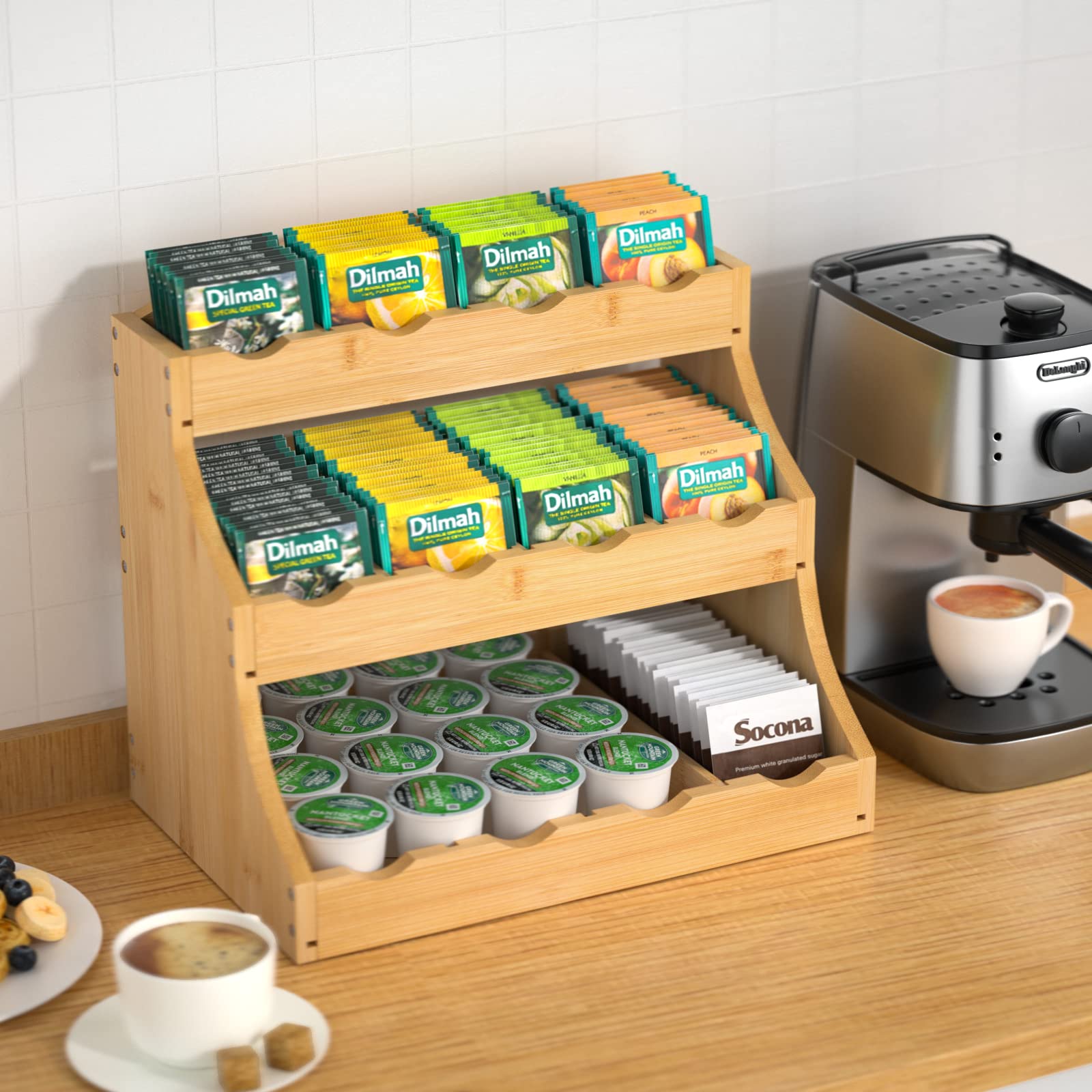 G.a HOMEFAVOR Organizer per bustine di tè in bambù Scatola da tè in Legno Scatola portaoggetti per caffè Porta spezie in Legno per casa, Ufficio o Bar