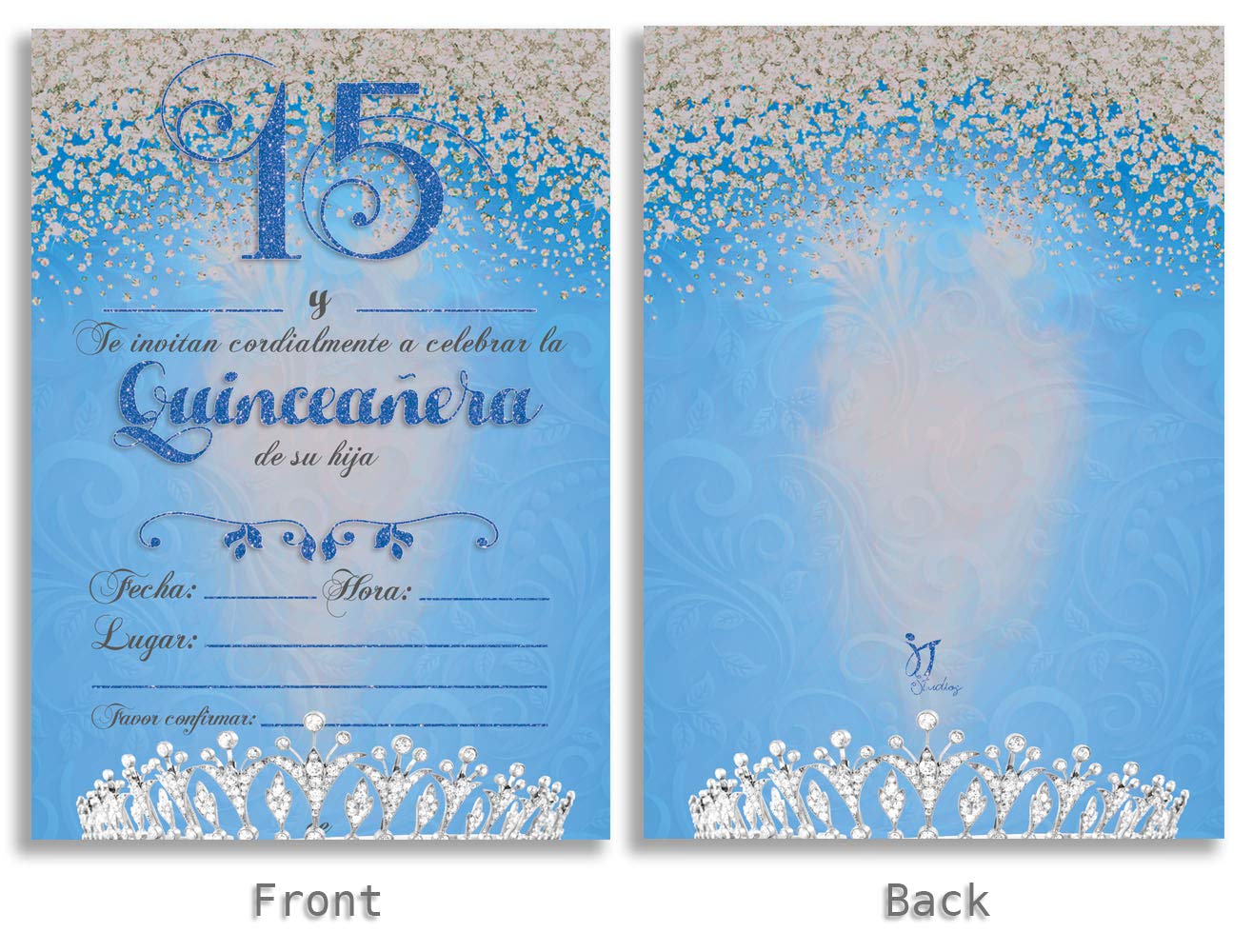 25 Quinceañera Party Invitations 5x7 Double Sided Blue Cards For Girl's 15th Birthday includes Envelopes (Spanish/En Espanol) (Blue/Family)