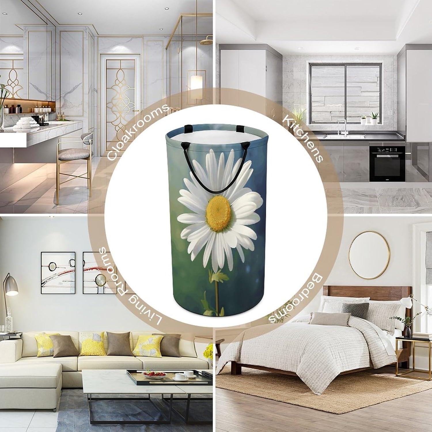 Daisy Flower Laundry Hamper with Handles Waterproof Collapsible Laundry Basket Large Lightweight Round Dirty Clothes Hamper for Home Dorm Bathroom Decor